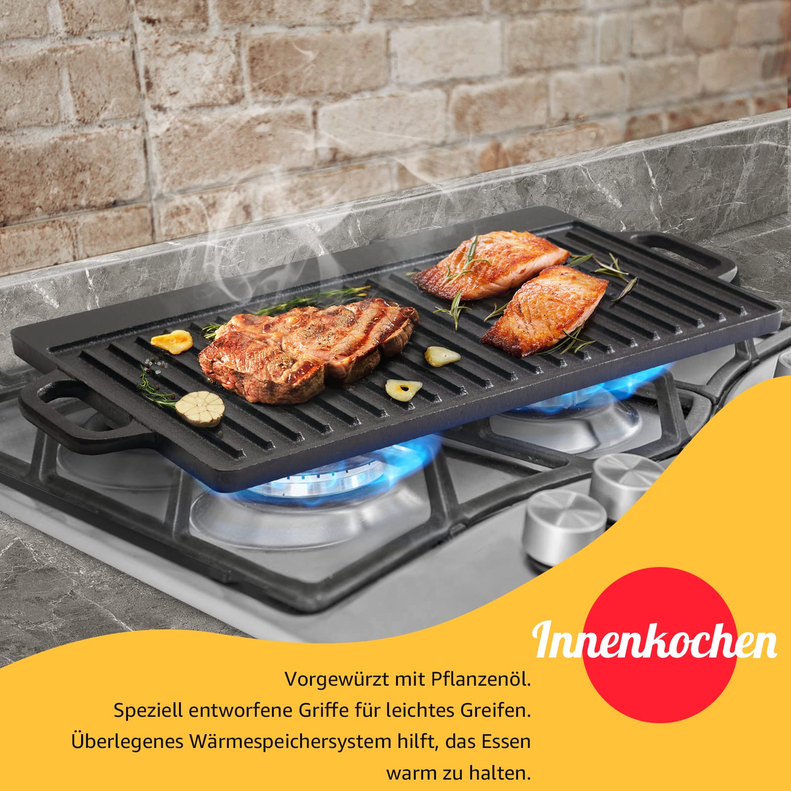 OVERMONT Gusseisenplatte Grillplatte Gusseisen Doppelseitiger Grill mit Griffen 50,8 x 23,4 cm für BBQ Ofen Herd Holzkohlegrill Gasgrill
