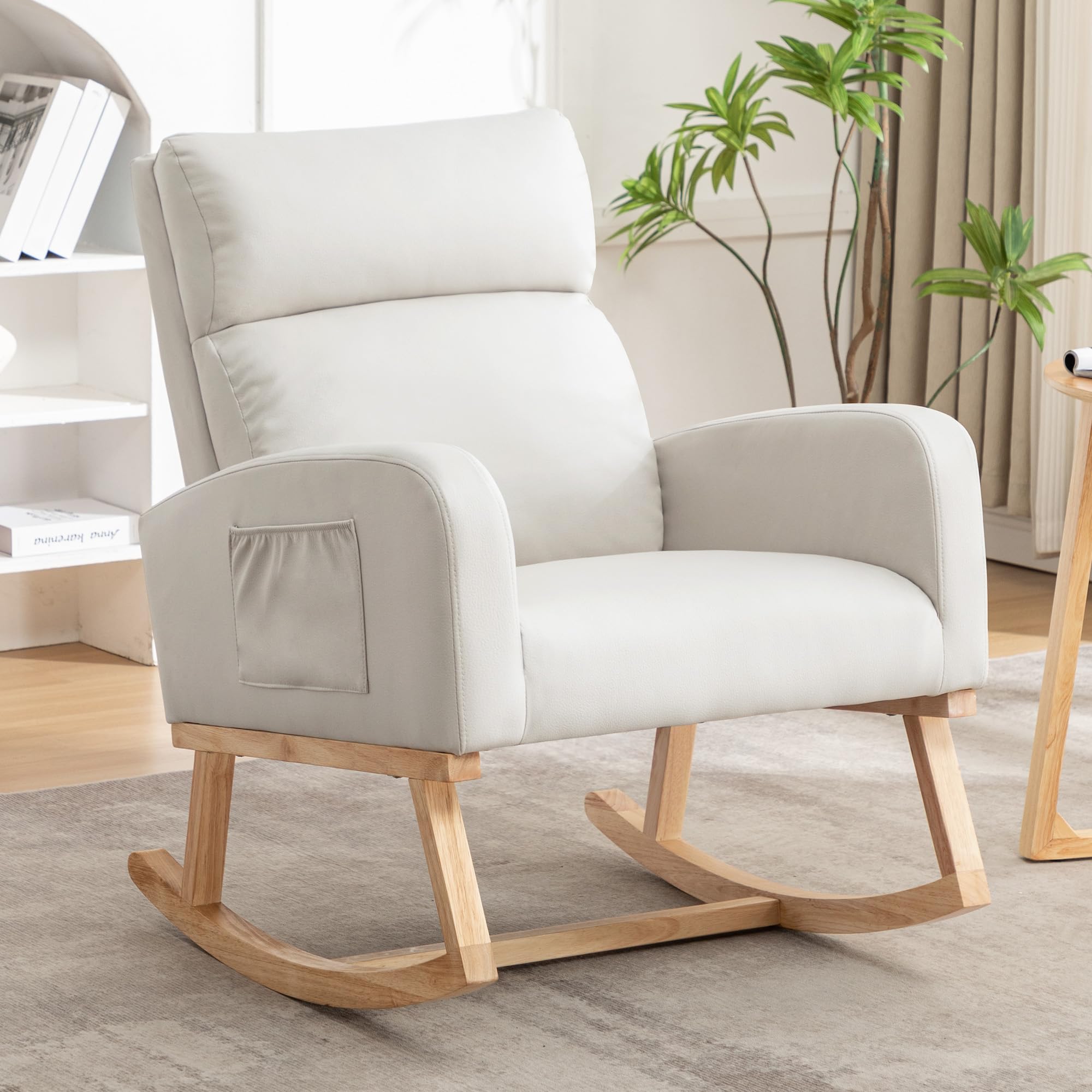 Rocking Chair Nursery, Leather Nursing Rocking Chairs, Upholstered Nursery Glider Rocker for Mom Nursery Morden Rocking Chair with Side Pocket for Living Room,Bedroom, PU Beige
