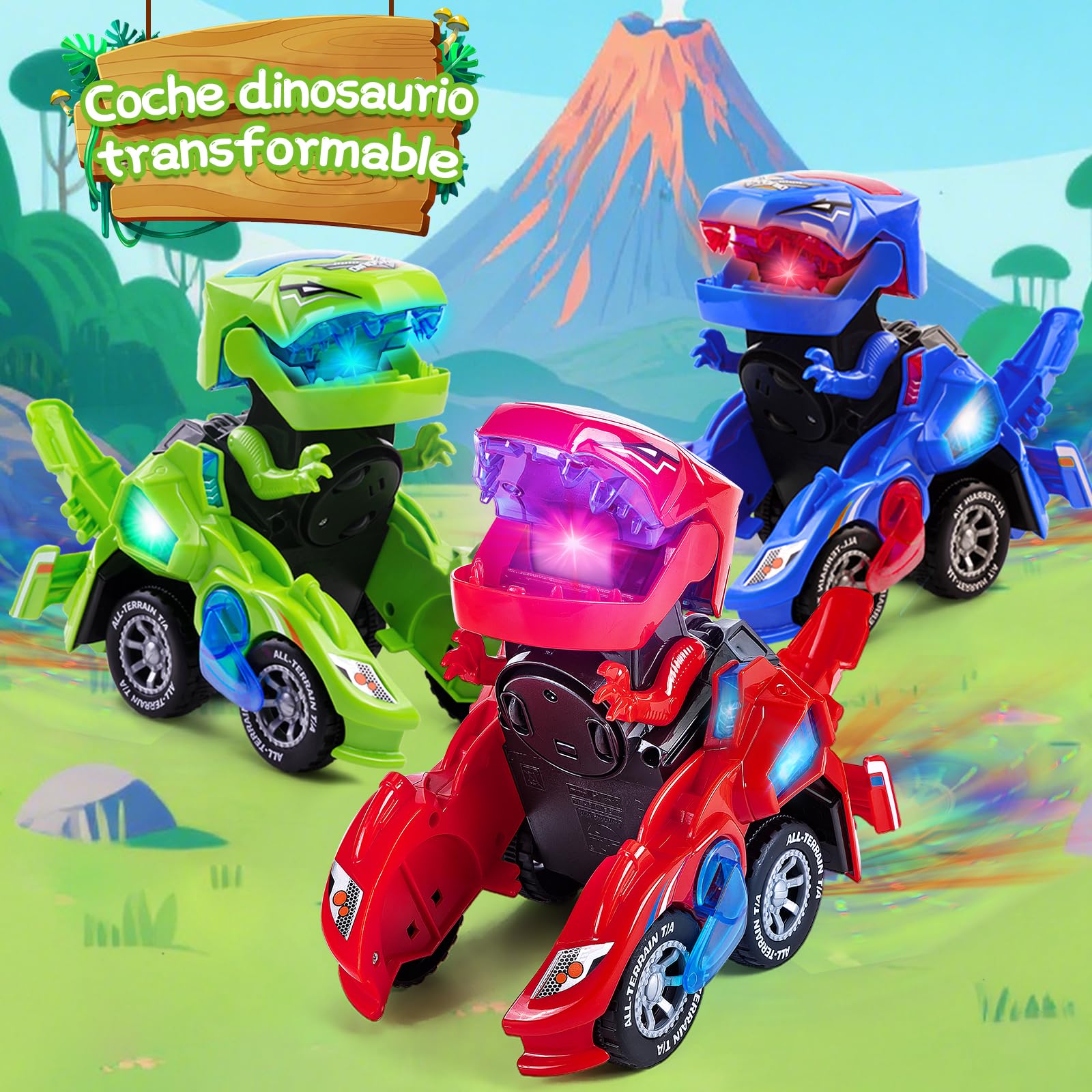 Yellcetoy Coche Dinosaurios Transform Juguetes, Dino Car con Música y Luz, Transformador Dinosaurio Regalos de Cumpleaños de Navidad para Niños 3 4 5 6 7 Años Verde