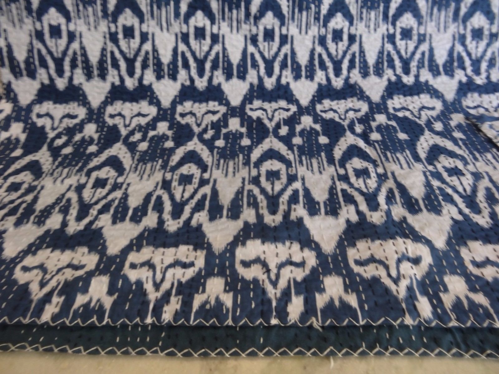 Traditional Handmade Kantha Quilt Indian Ikat Print Vintage Bedding Sofa Cover Reversible Cotton Bedspread Decor Art (Blue, King 90