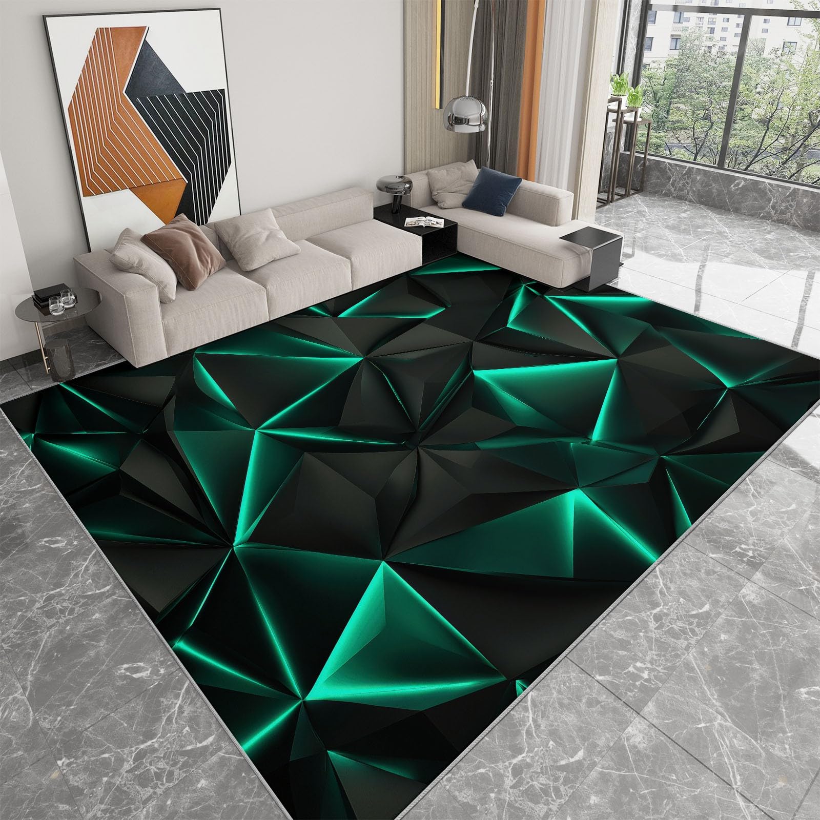 Tapis de salon antidérapant 160x230 cm à bords lumineux géométriques et poils courts pour chambre