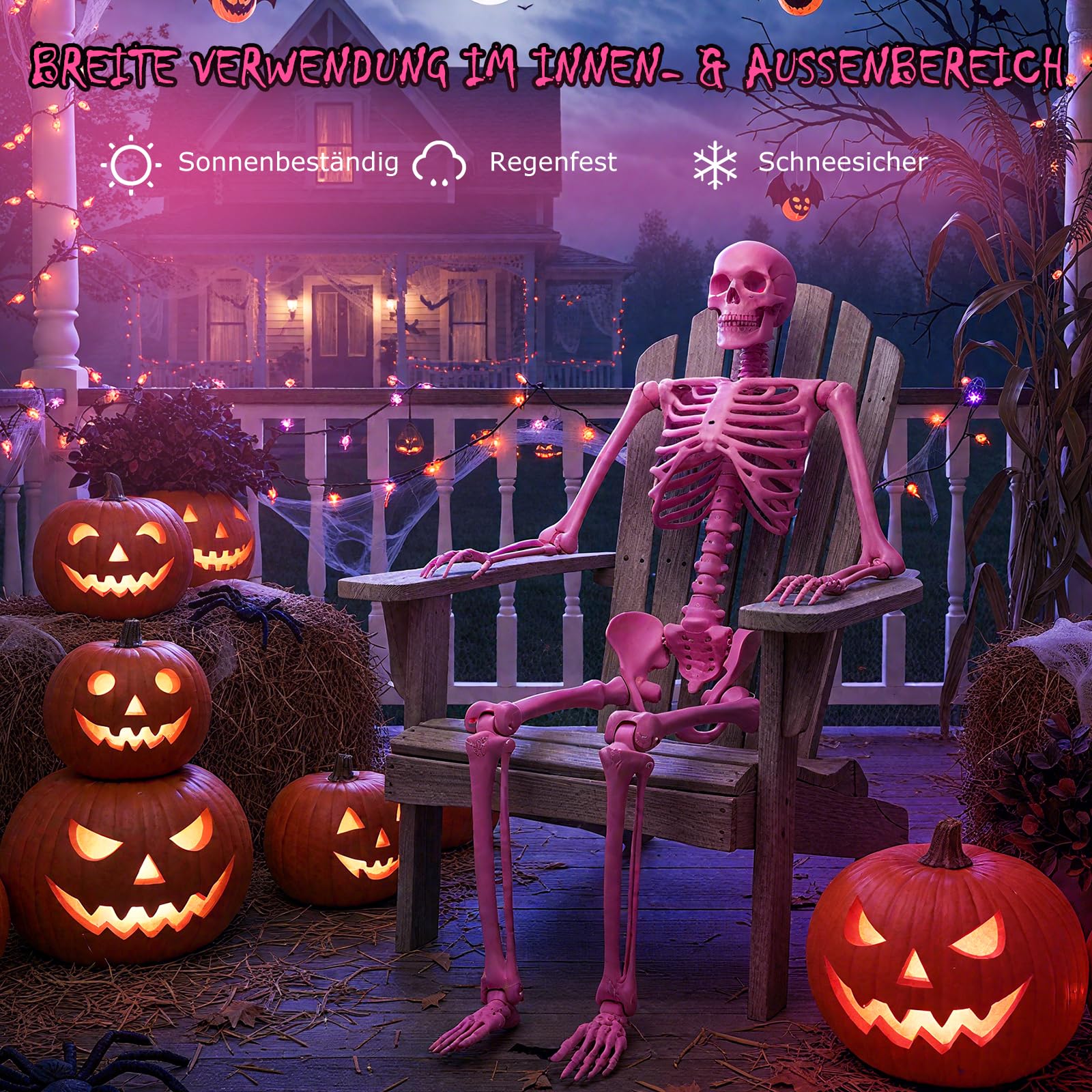 GYMAX 160 cm Halloween Skelett, lebensgroßes Bewegliches Skelett mit 8 Gelenken, Halloween Deko für Innen & Außen, als Skelett-Dekoration für Friedhofspartys & Spukhaus-Partys (Rosa)