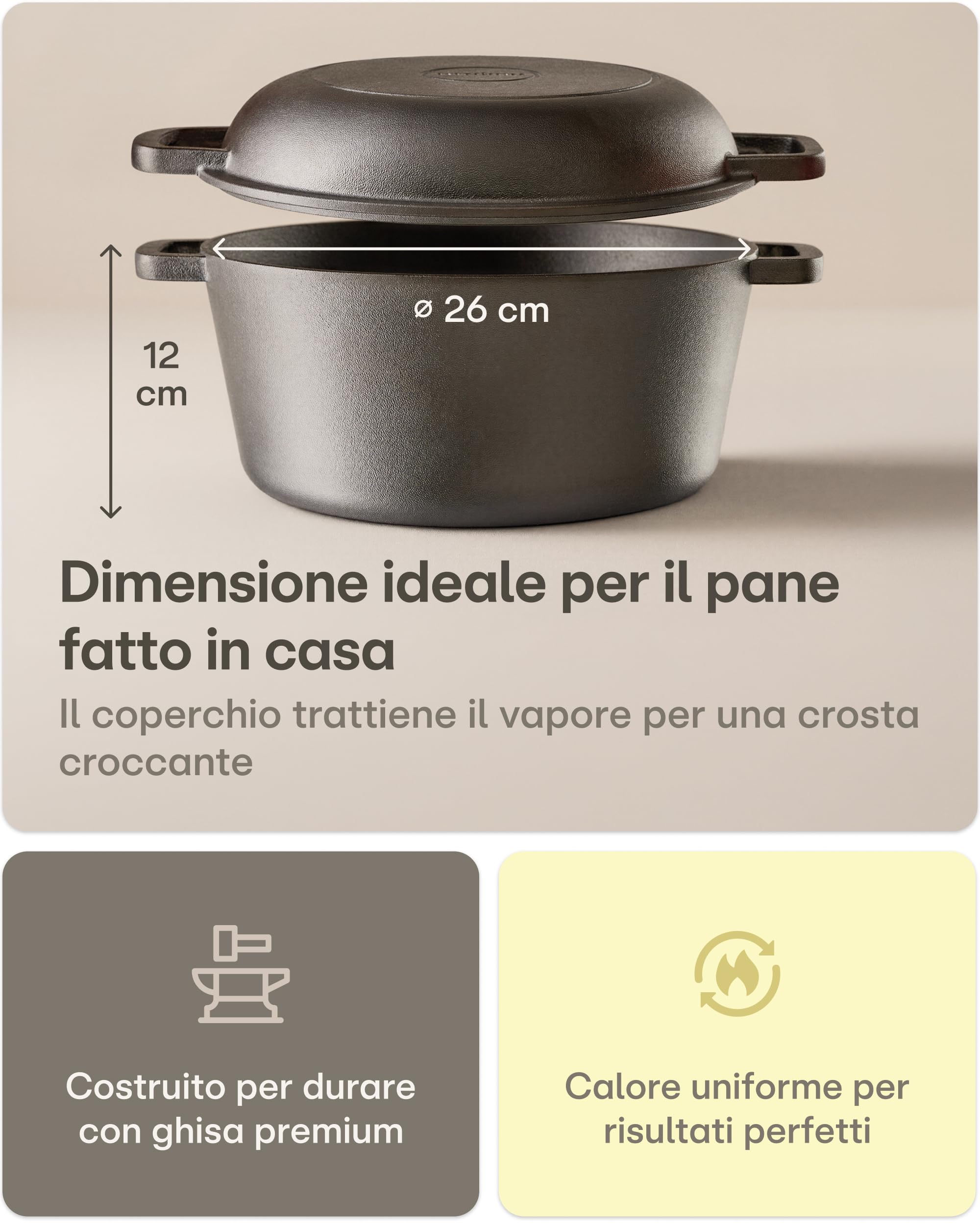 Praknu Pentola Ghisa 26 cm – Casseruola In Ghisa Set – con Cestino Lievitazione & Sacchetto Per Pane – Coperchio Incluso – 4,7 L Dutch Oven