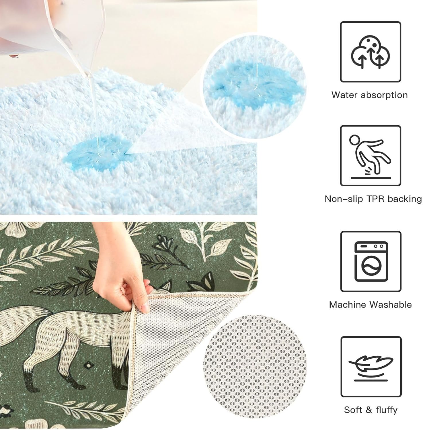 Fox & Floral Print Bathroom Rug Set 2PCS, Soft Fluffy Non-Slip Absorbent Bath Mat and U-Shaped Toilet Rug (24" x 20" + 24" x 16")