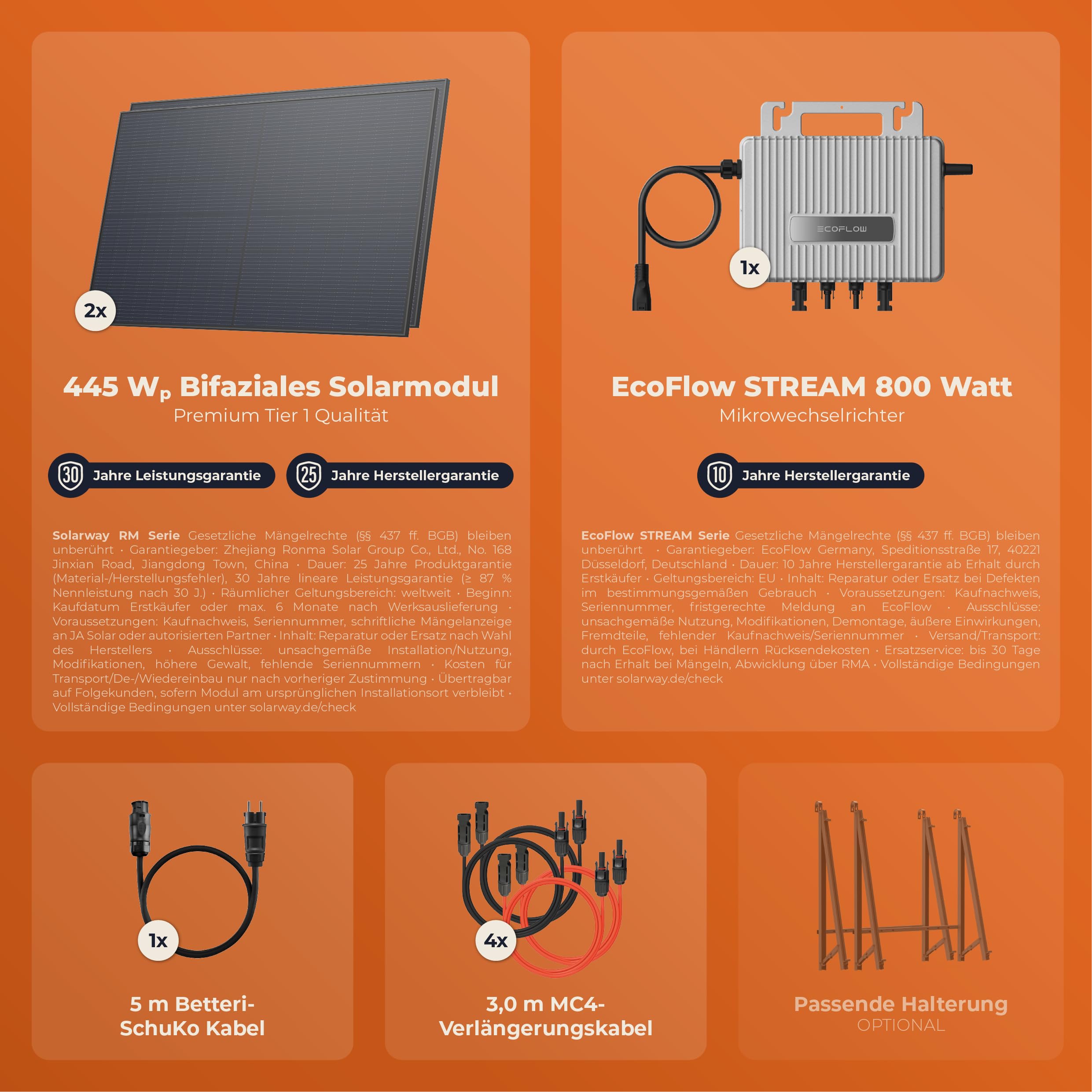 Solarway 880 Wp / 800 W Centrale elettrica da balcone completa – Inverter EcoFlow Stream 800W – Impianto solare completo – Moduli bifacciali Black 440 W & EcoFlow & Accessori