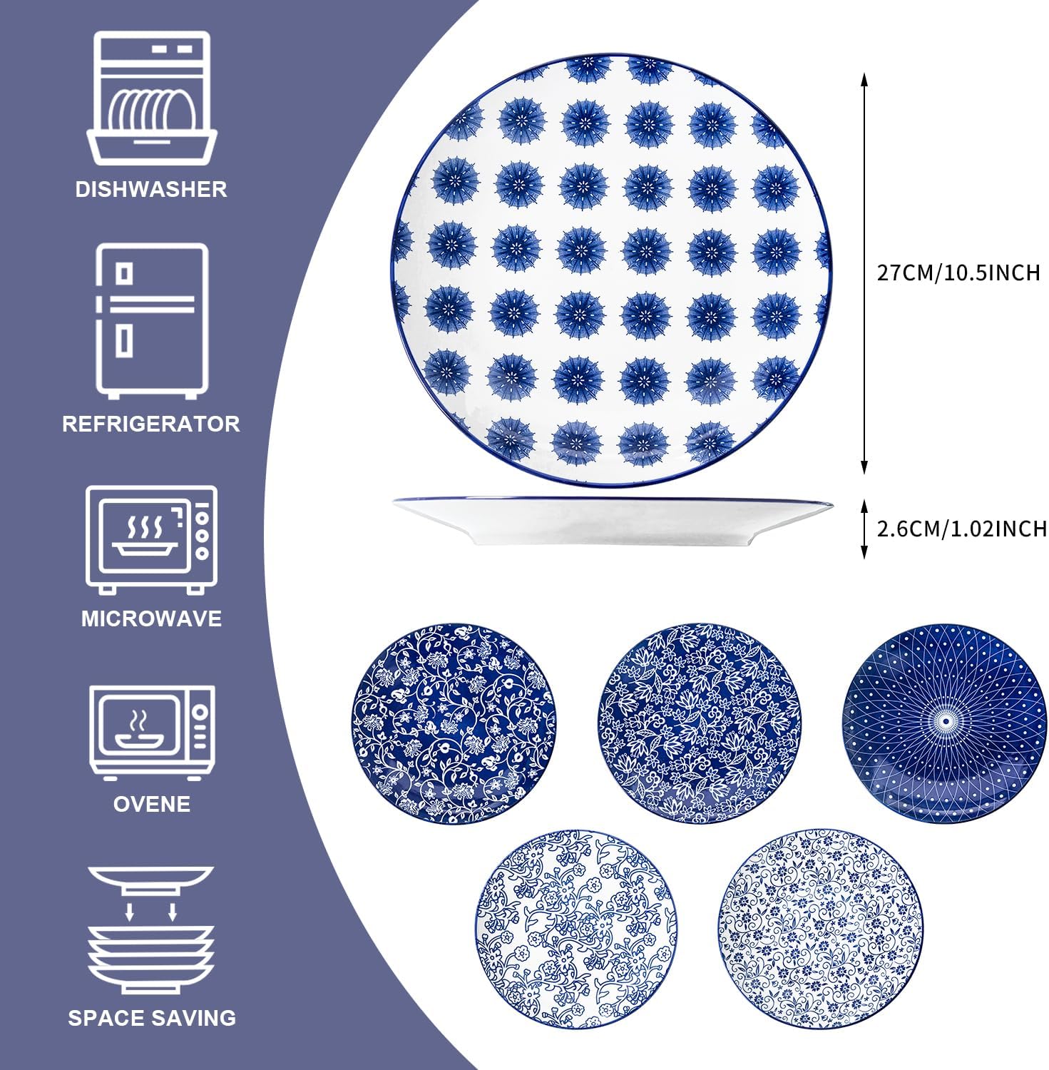 Ceramic Dinner Plates Set - 10.5 Inch Large Kitchen Porcelain Salad Serving Plate for Pasta Steak Pizza Pancakes - Scratch Resistant Dishwasher Oven Microwave Safe - Set of 6 - Vintage Blue