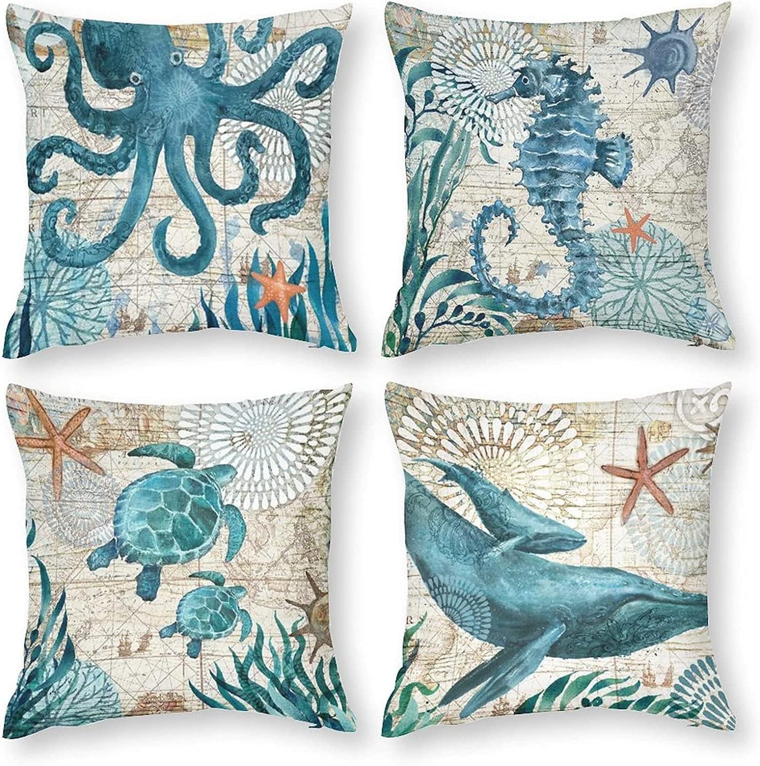 BBKD Set of 4 Coastal Decorative Throw Pillow Covers 20x20