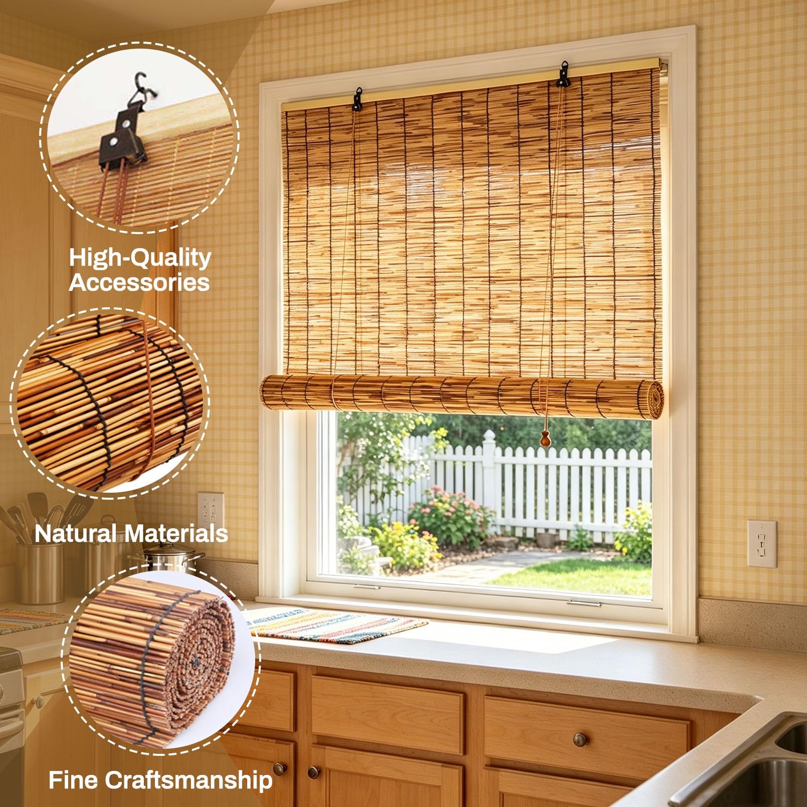 Store Enrouleur Extérieur Naturel Store Bambou Extérieur 100x200 120x160 150x180 150x200cm Rideau De Roseau Avec Levage Stores Venitien Bois Pare Soleil Balcon Terrasse Pergola Fenêtre(W130cmxL200cm)