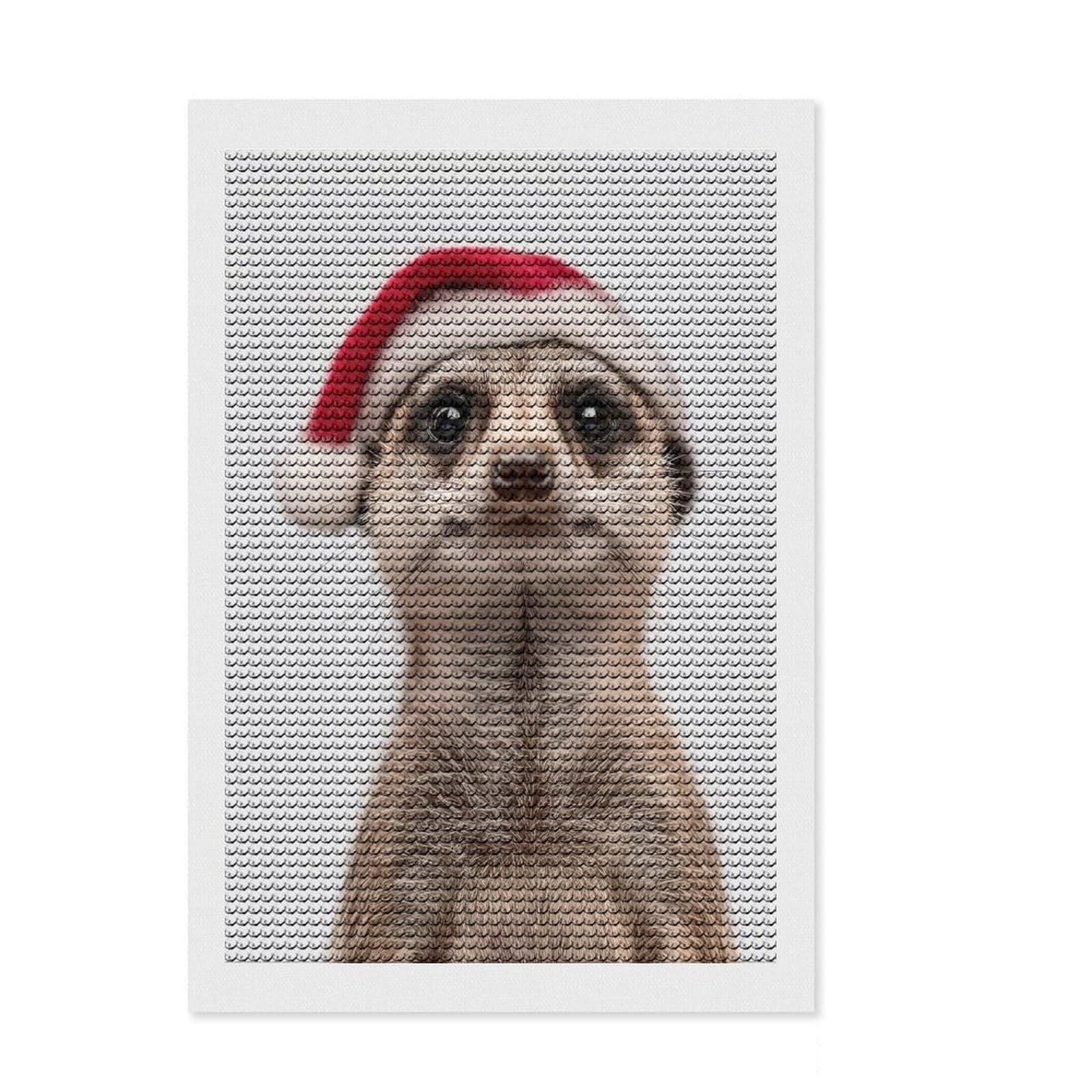 Junmoney Christmas Meerkat Wearing A Santa Hat Round Drill Diamond Painting 8"x12", for Teens, Easy Handmade Project, Modern Decor, Gift Idea, with Tool Kit