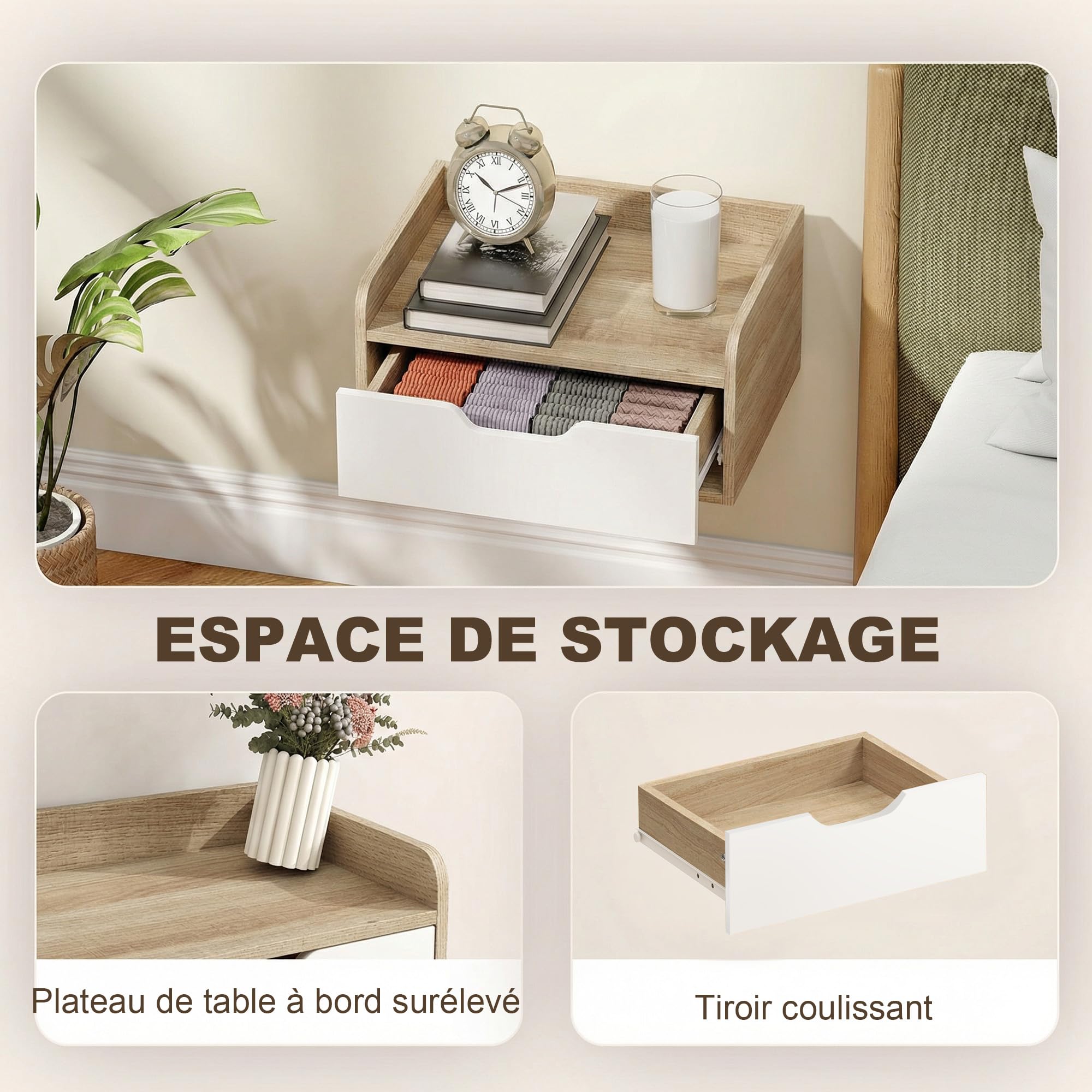 HOMCOM Lot de 2 Tables de Chevet murales, Tables de Nuit suspendues avec tiroir et Plateau à rebords surélevés, Style Moderne, pour Chambre à Coucher, Salon, 40 x 30 x 19,5 cm, Blanc et Bois Naturel