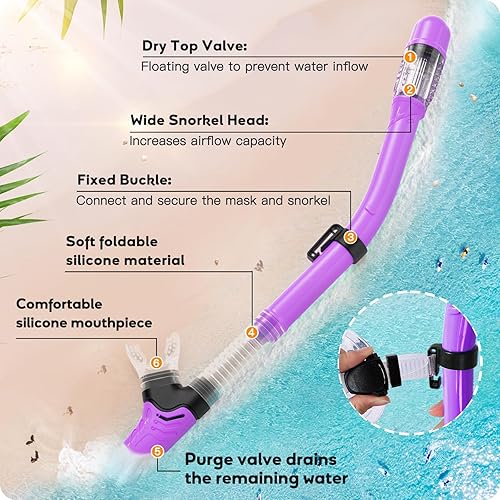 Miniatura 4 de Juego de esnórquel para niños, máscara de esnórquel con parte superior seca para niños, máscara de buceo con vista panorámica antivaho, equipo de