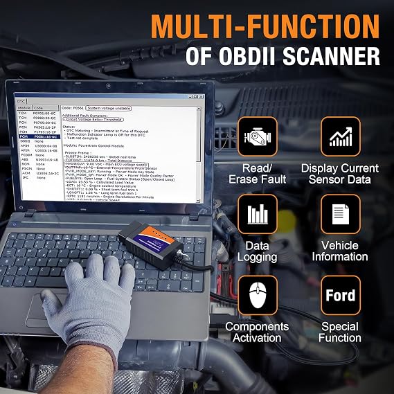ELM327 OBD2 USB Adapter for Windows, ELMconfig Scanner with MS CAN/HS CAN Switch for Scan F150 F250 Car and Light Truck Check Engine Light, Diagnosis on Windows with V1.5 Chip