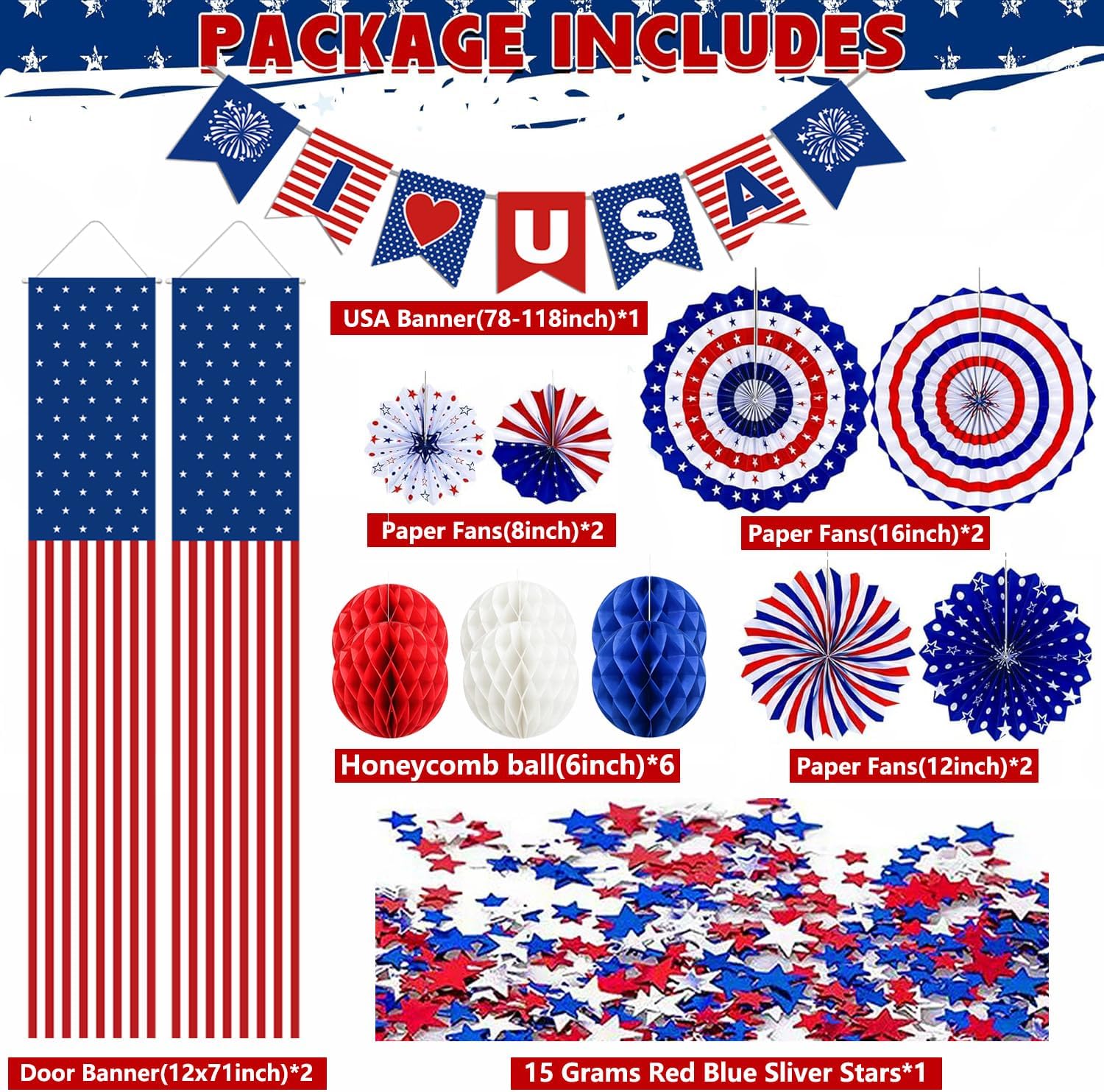 4th of July Decorations Set, Independence Day Hanging Door Banners, Paper Fans, Red White Blue Honeycomb Balls for Home Wall Indoor Outdoor Party Supplies