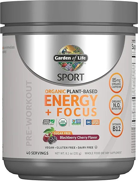 Garden of Life Sport Organic Plant-Based Energy + Focus Vegan Clean Pre Workout Powder, Sugar & Gluten Free BlackBerry Cherry with 85mg Caffeine, Natural NO Booster, B12, 40 Servings, 8.14 O