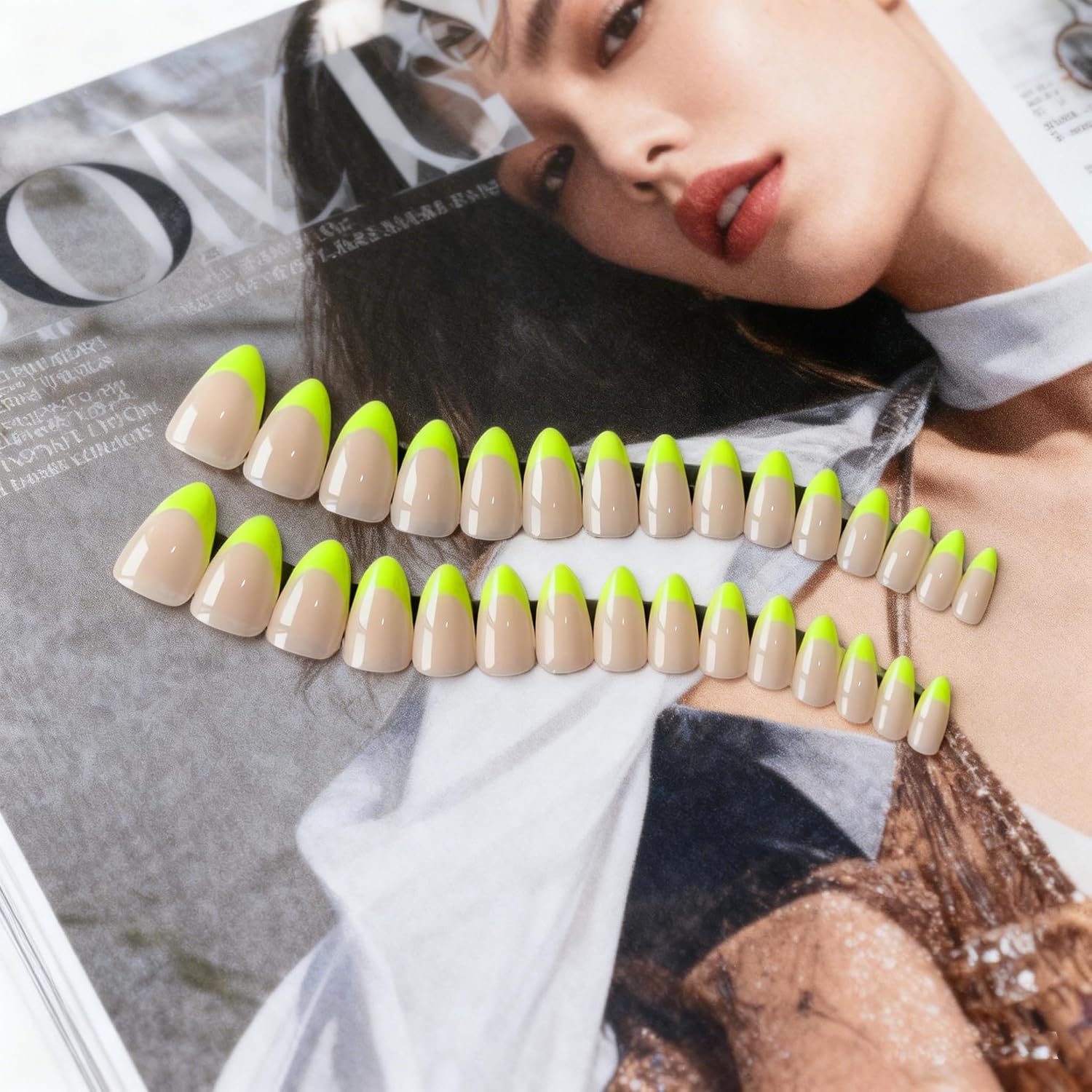 SXVME Press On Nails Short Almond, Lime Green French Tip Press On Nails with Glue for Women, Natural French Fake Nails Press ons in 15 Sizes - 30 Soft Gel Glue On Nails Kit, Realistic Look, Classic