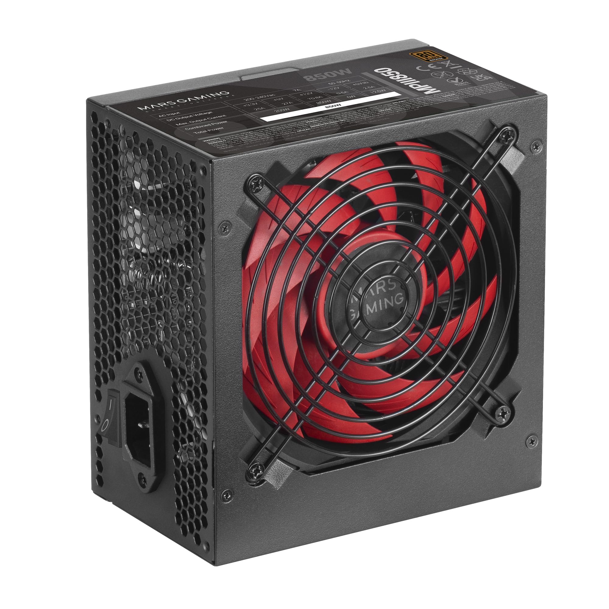 Mars Gaming MPIII850 Alimentation ATX 850W, 80 Plus Bronze, Noir | Garantie 5 Ans, Certification 80Plus Bronze, Efficacité 89 %, APFC, Ventilateur FDB 120mm AI-RPM, DC-DC et SMD