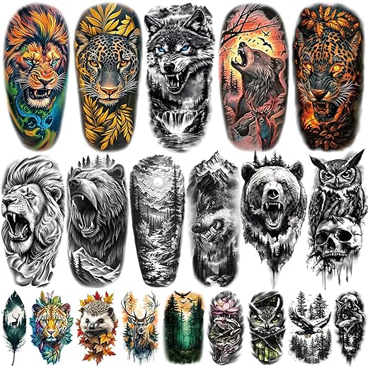 77 Sheets Temporary Tattoos, 17 Sheets Half Arm Wolf Lion Tiger Bear Leopard Eagle Fake Tattoos for Adults Shoulder Neck, 60 Sheets Tiny Animal Temporary Tattoos Realistic for Men Women Boys & Girls