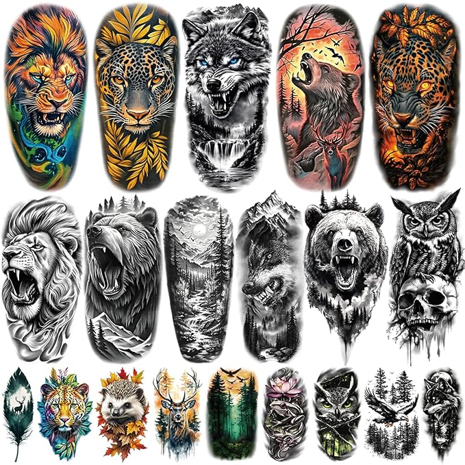 🔥Epic Traditional Tattoo Arm Temporary Tattoos!🐺🦁🐯🐻🐆🦅