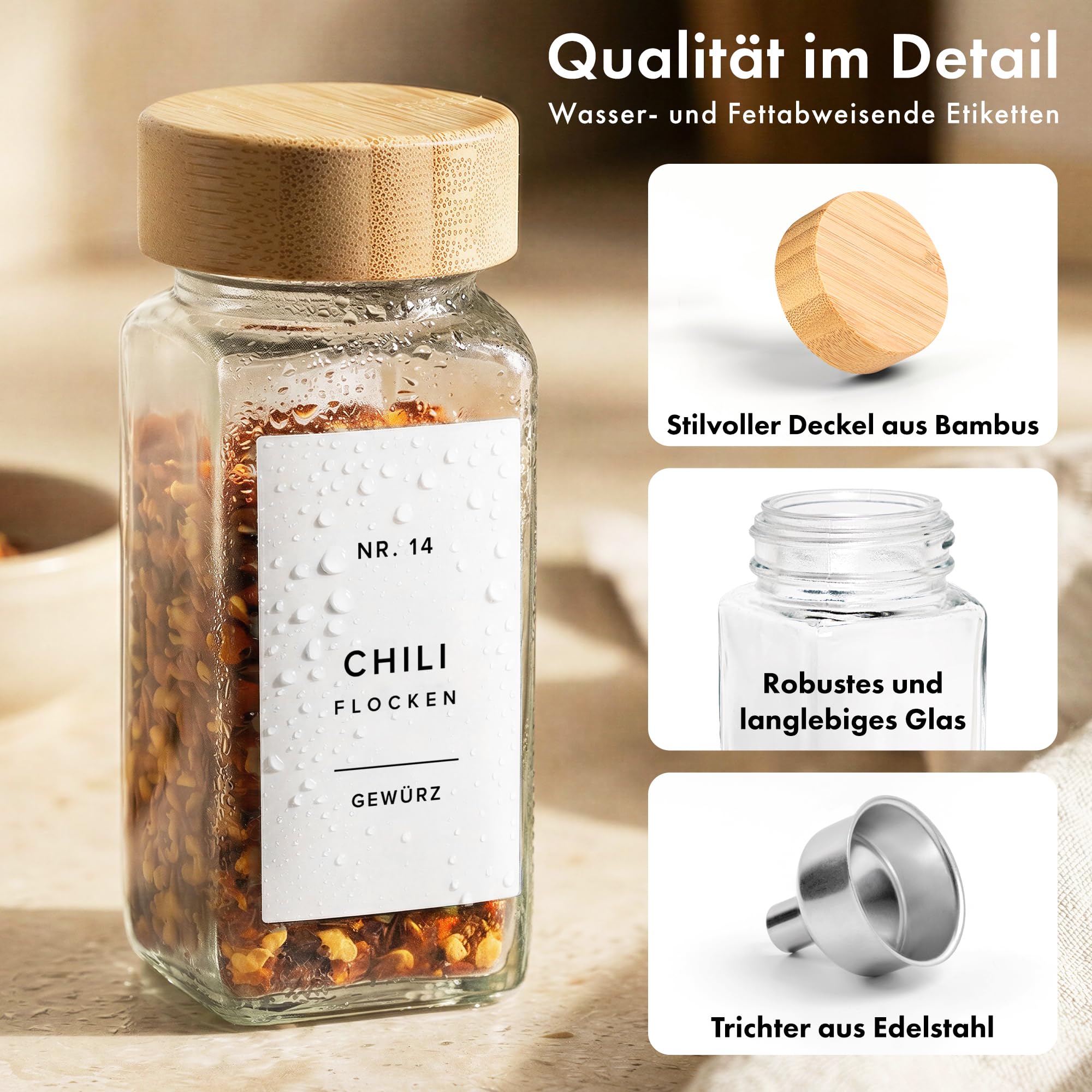 EDELHAUS Gewürzgläser Eckig Set mit Bambusdeckel (24 x 120ml) Gewürzstreuer mit Streueinsatz und 240 Etiketten Weiß - Holzdeckel Gewürzbehälter, Gewürzdosen, Gewürze organizer [11cm x 4,5cm]