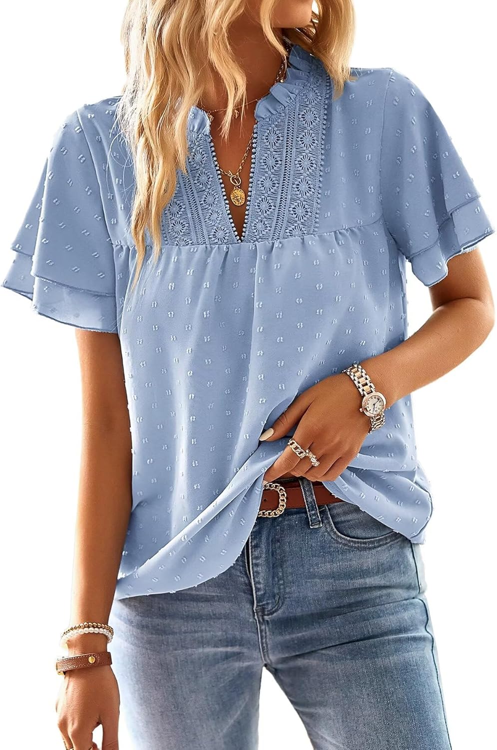 Womens Tops Butterfly Sleeve V Neck Blouses for Women Dressy Casual Flowy Swiss Dot Ruffle Short Sleeve Shirts