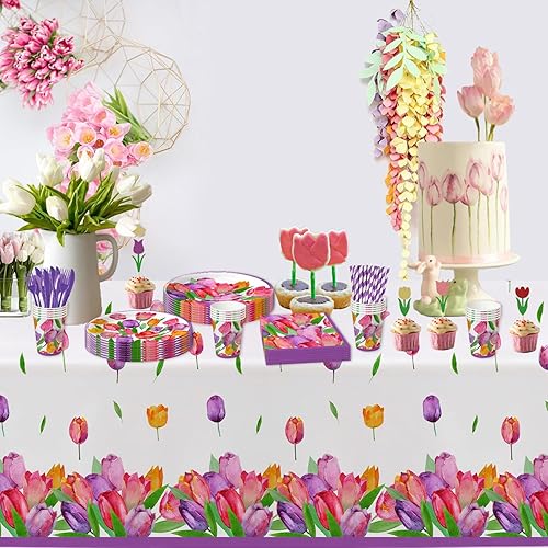 Miniatura 6 de APOWBLS Vajilla de decoración floral de tulipanes para fiesta, suministros de fiesta de flores de tulipán para cumpleaños, baby shower, plato de