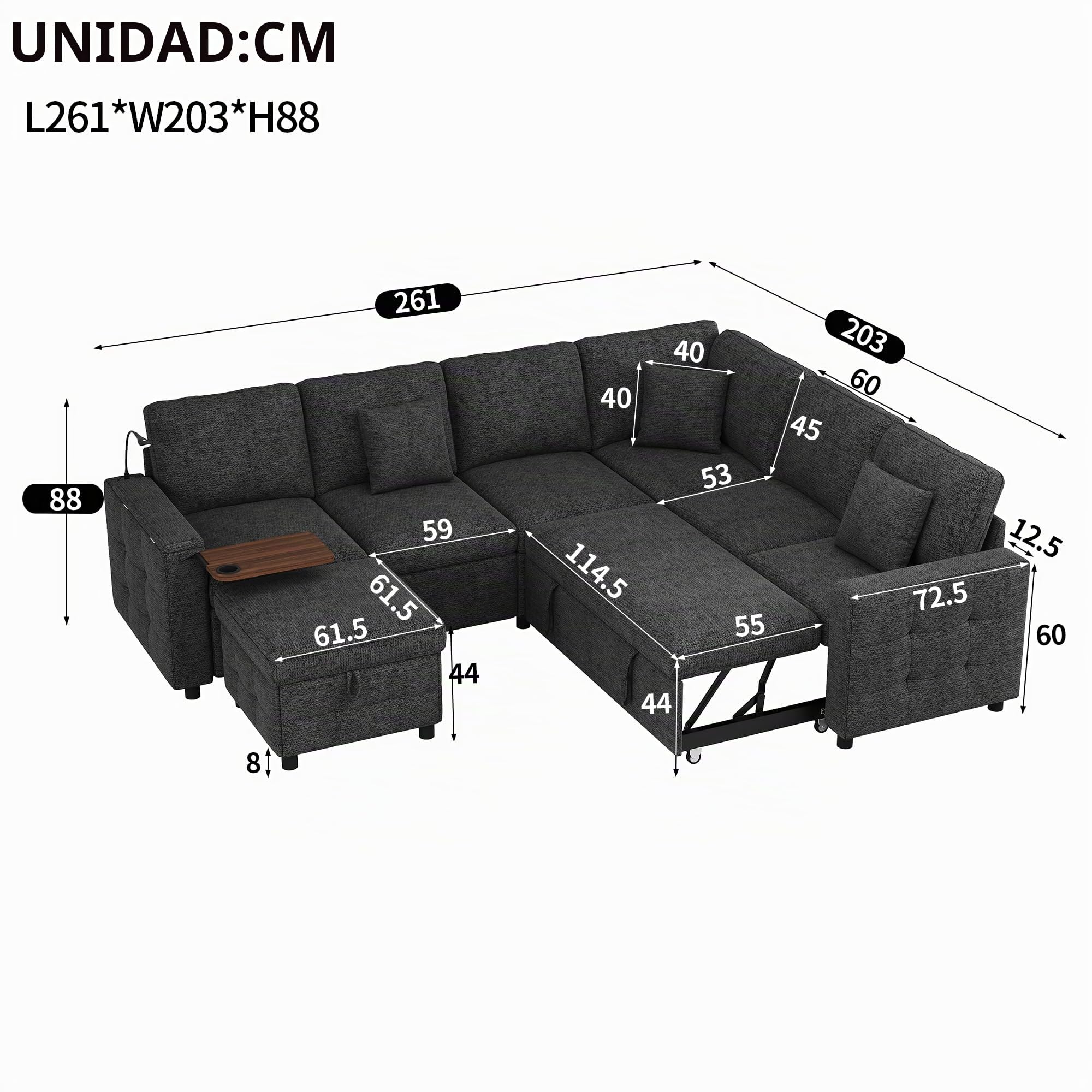 Sofá modular de 7 plazas con función de cama y compartimento de almacenamiento, sofá esquinero en L con lectura LED, puertos USB y USB-C, sofá cama con portavasos, sofás convertible, chenilla y