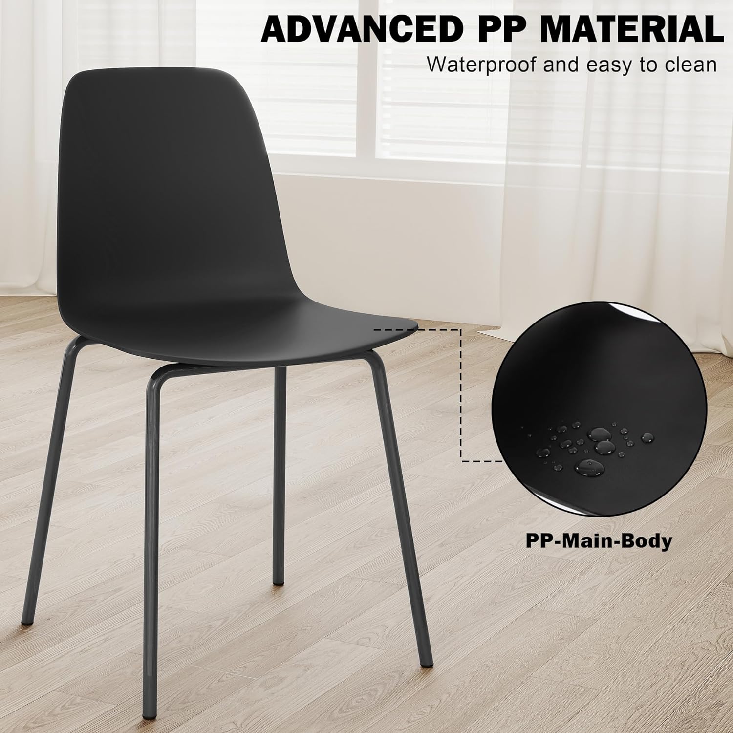 thksbought Mid Century Kitchen Chairs Set of 4,Black Plastic Dining Chairs Outdoor Chairs with Metal Legs for Living & Dining Room(4pcs,Matte Black)