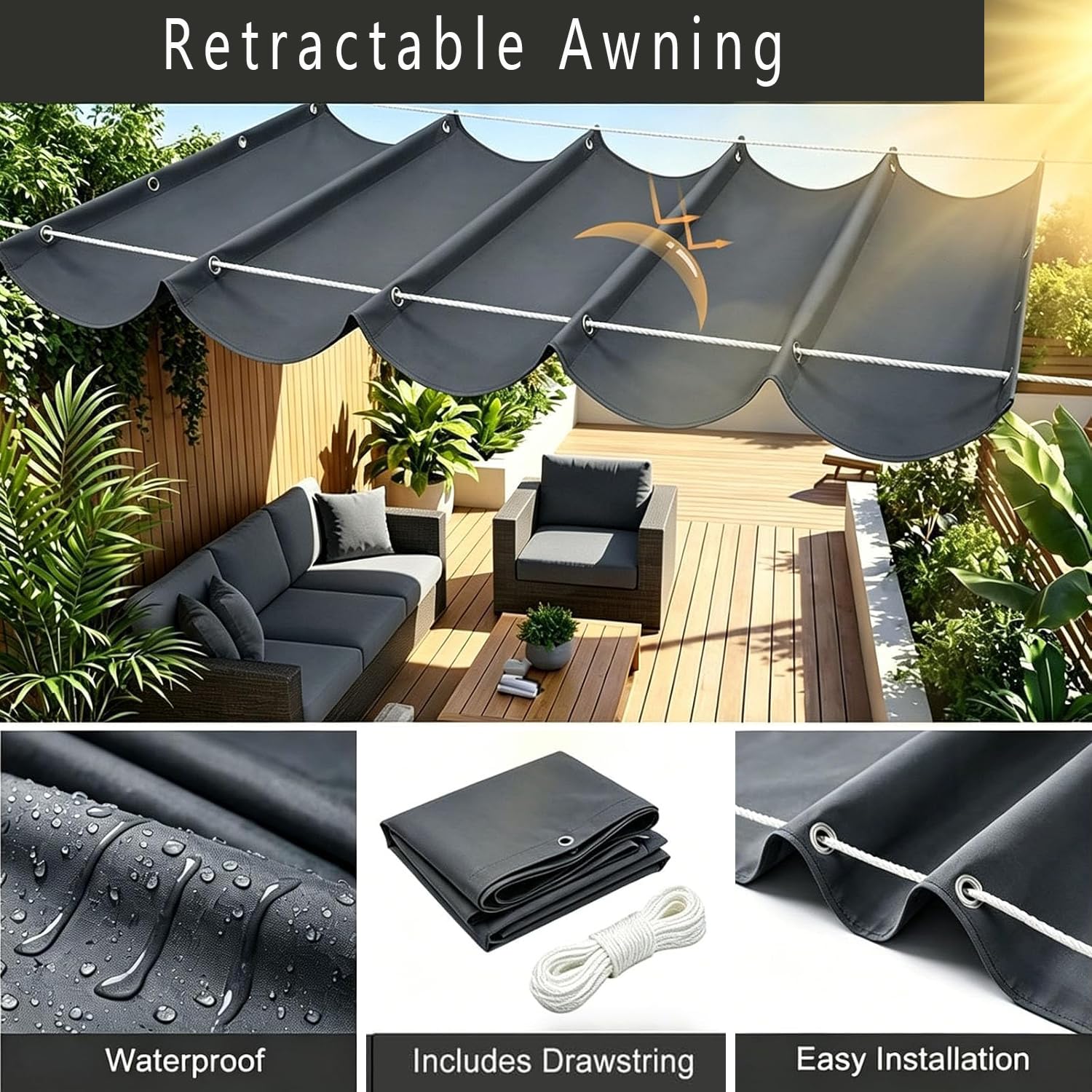 Vela Parasole a Onda Retrattile 2 x 12.75 m Resistente Agli Strappi, Resistente Alle Intemperie Tenda da Sole a Onda Retrattile Copertura Regolabile per Ombra per Esterno, Terrazzo, bianco