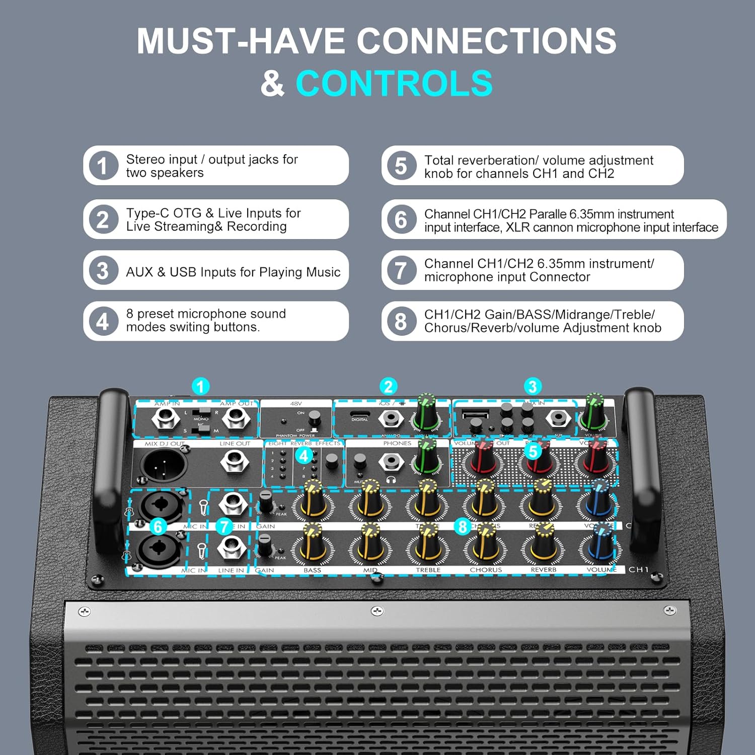 200W High-Power Karaoke Machine with 5-Channel Mixer, Premium Voice Amplifier/PA System, Portable Bluetooth Speakers with 2 Wireless Mics for Busking, Party, Outdoor, Classroom, Singing, Guitar Amp