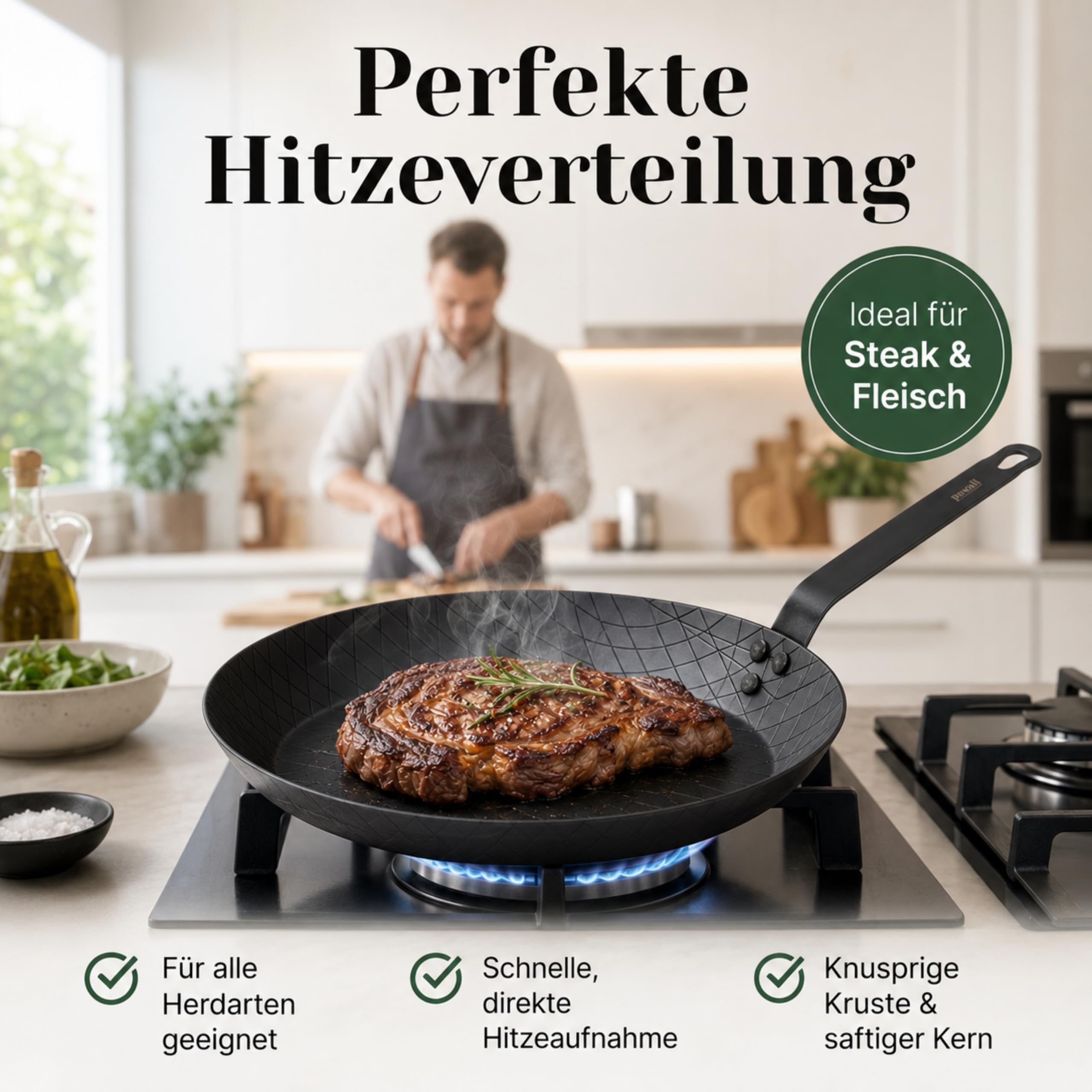 pasoli Carbonstahl Steak-Pfanne 28 cm – voreingebrannt, ohne Griffschutz, Induktion, Gas & Elektro kompatibel, kratzfest, ofenfest, Steakpfanne schwarz