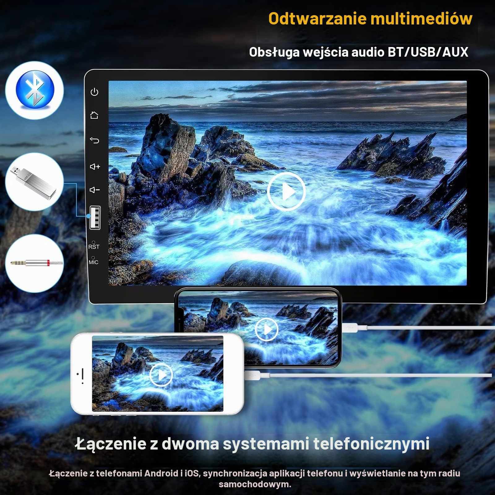 SIXWIN Radio samochodowe 1 DIN Carplay 9-calowy ekran dotykowy odtwarzacz kompatybilny z bezprzewodowym odtwarzaczem CarPlay/Android Auto Bluetooth 5.0 FM RDS Radio USB AUX-in/Link do lusterka+kamera
