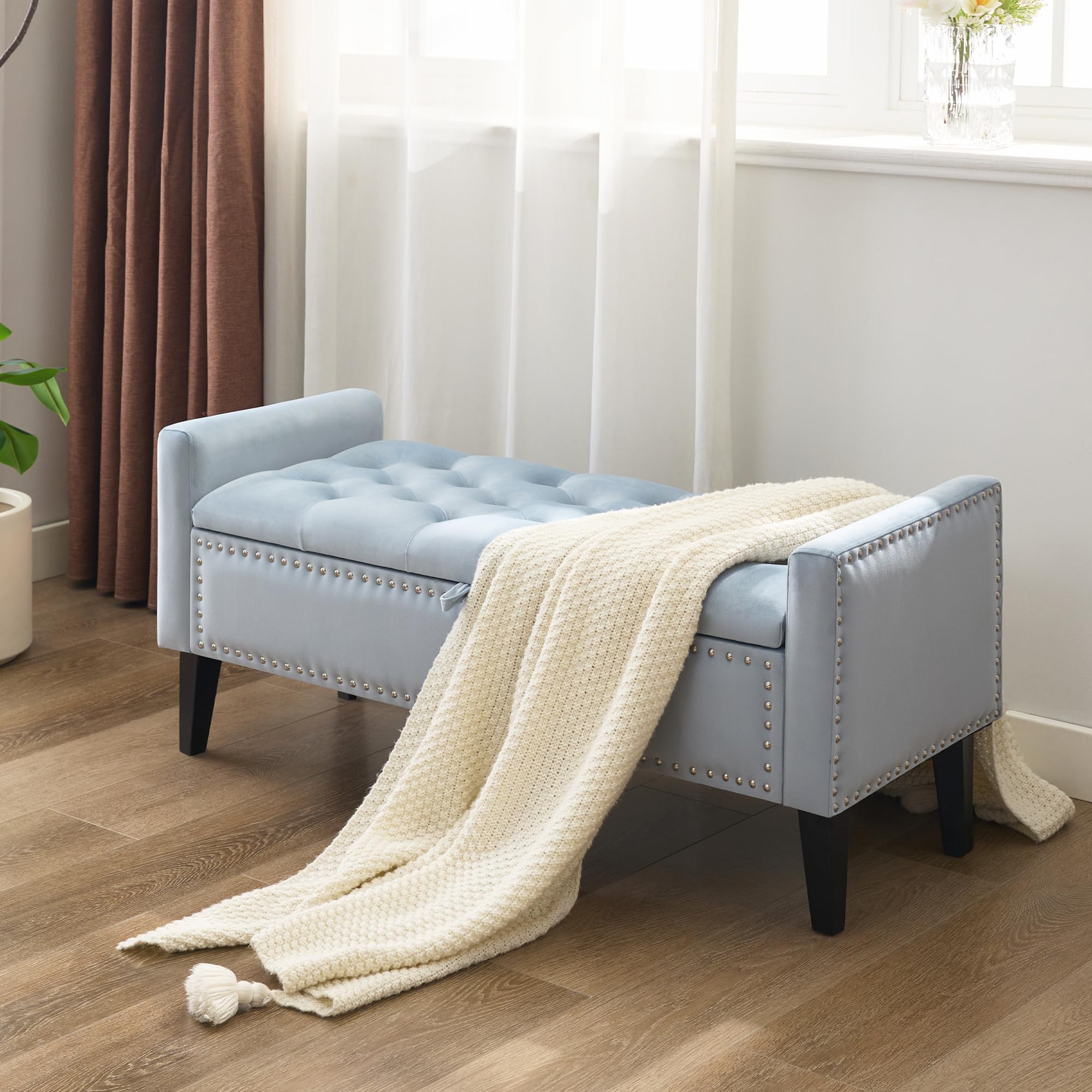 WUTUTUEE 47 Inch Velvet Storage Bench in Blue Grey