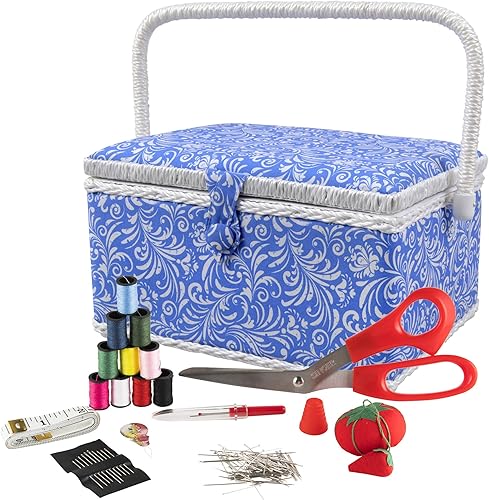 SINGER 07228 Sewing Basket with Sewing Kit, Needles, Thread, Pins, Scissors, and Notions, Deliah Scroll
