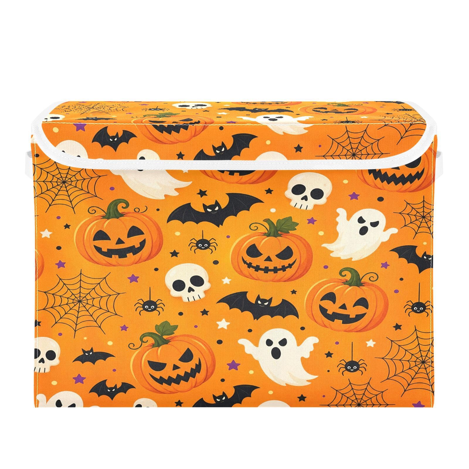 Ewusp Halloween Boo Fabric Storage Bin with Lid, Decorative Foldable Storage Basket with Handles, Stackable Closet Shelf Organiser Box for Clothes, Books, Bedroom, Living Room