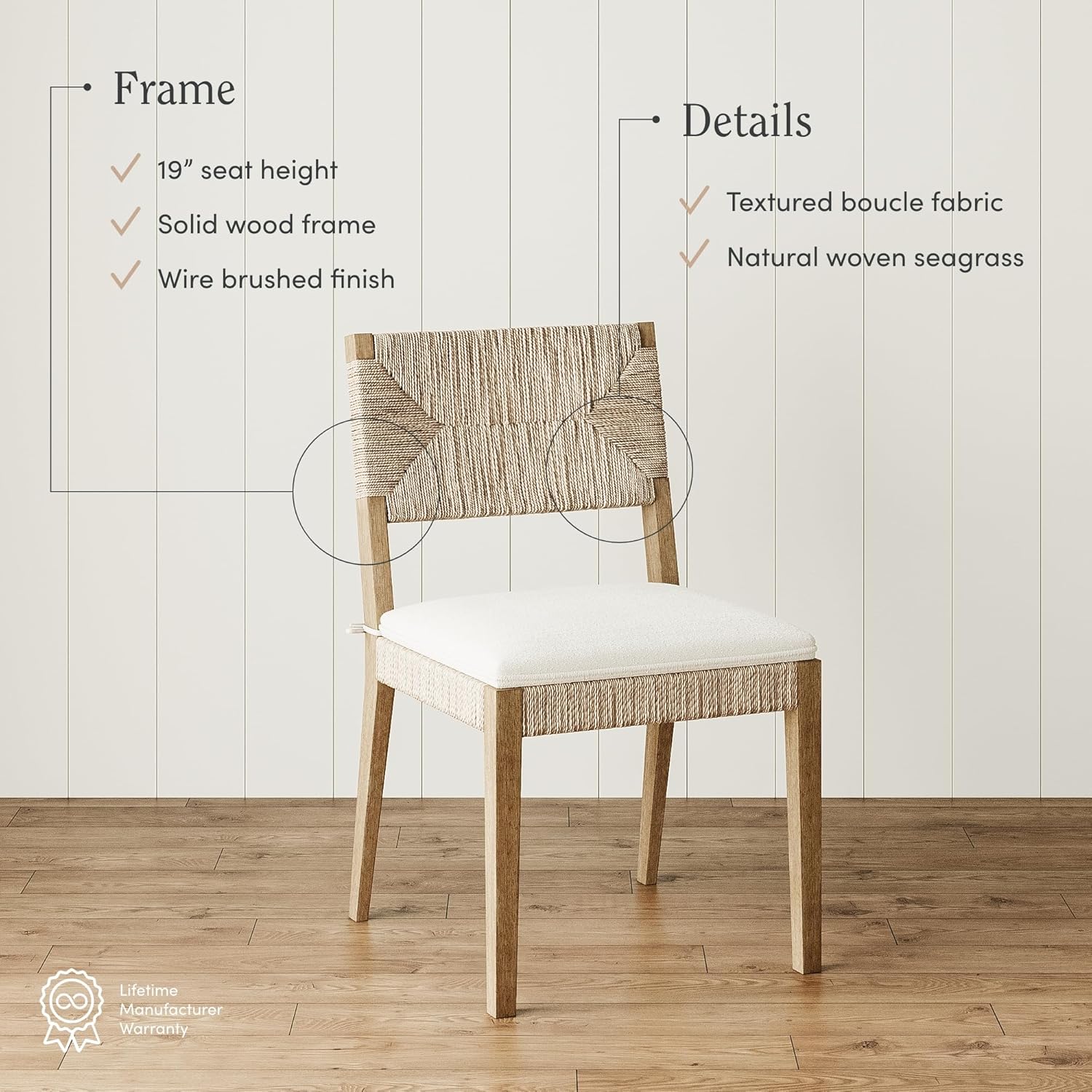 Nathan James Beacon Boho Dining Chair Set of 2, Boucle Dining Chair with Seagrass Accent and Solid Wood Legs, Cream Boucle/Light Brown