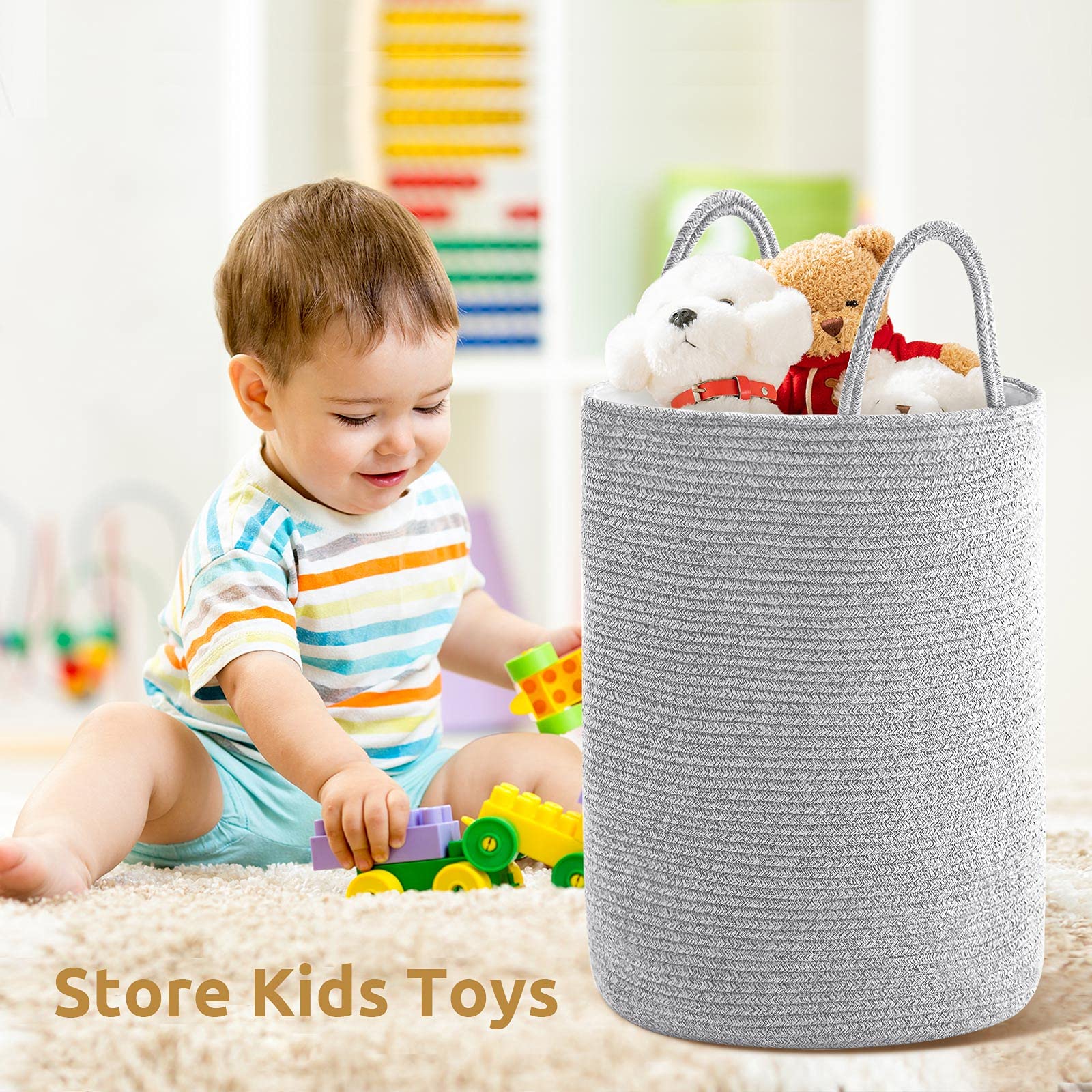 YOUDENOVA Gewebter Wäschekorb, 58 l, 65 cm hoch, Baumwollseil, Aufbewahrungskorb mit Griffen für Kleidung, Decken und Spielzeug im Wohnzimmer, gemischtes Grau