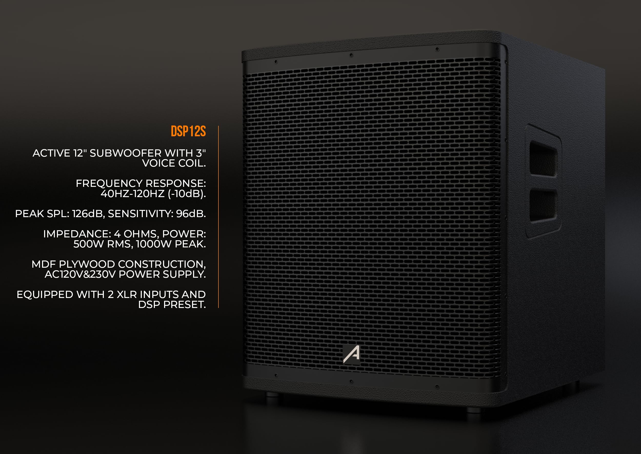 Audibax DSP12s - Enceinte Active 12" avec DSP - Enceinte Puissante - Puissance 400W - DSP Interne Orofessionnel pour l'Égalisation et les Modes de Lecture - Subwoofer Connecté Électriquement