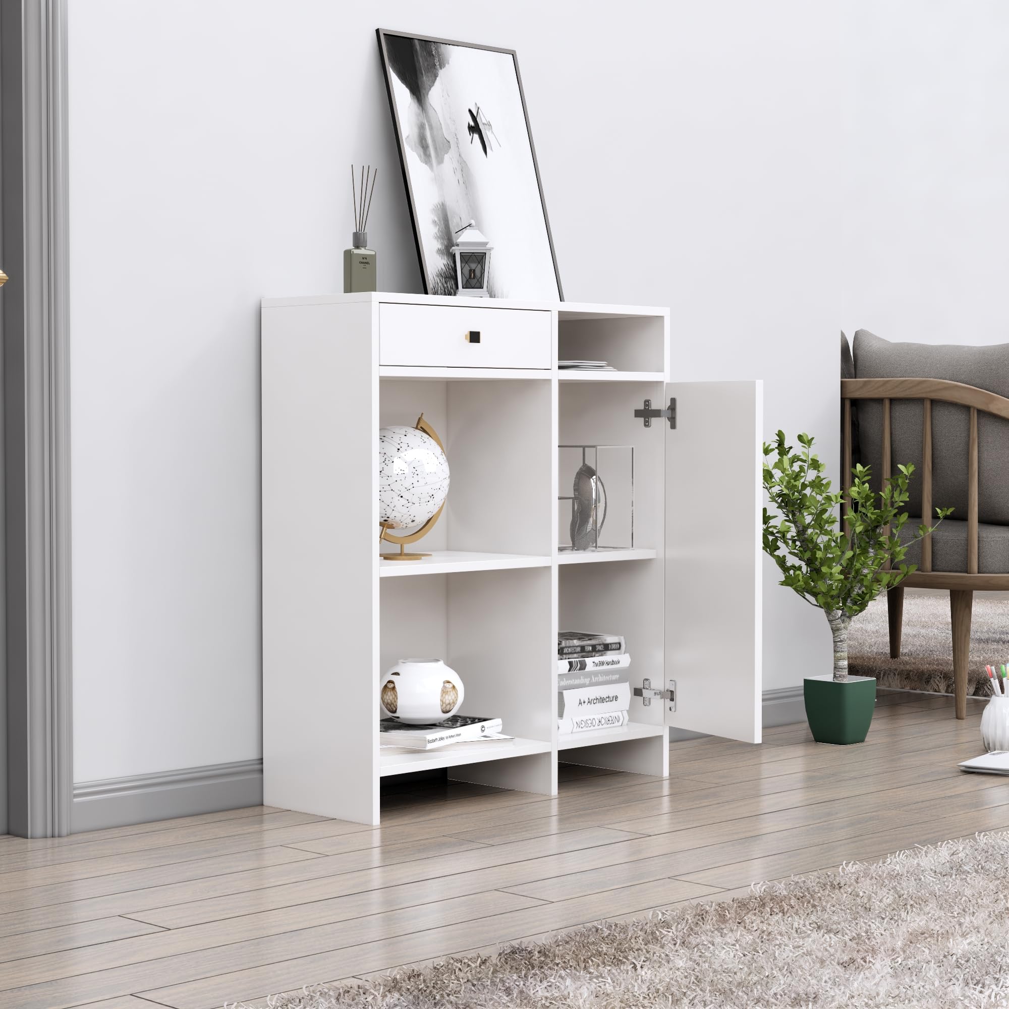 Hexa Red Multipurpose Storage Cabinet for Living Room, Kitchen, Office, Sideboard Cabinet with 1 Drawer and 1 Door Storage(MP105) (Frosty White)-image-1