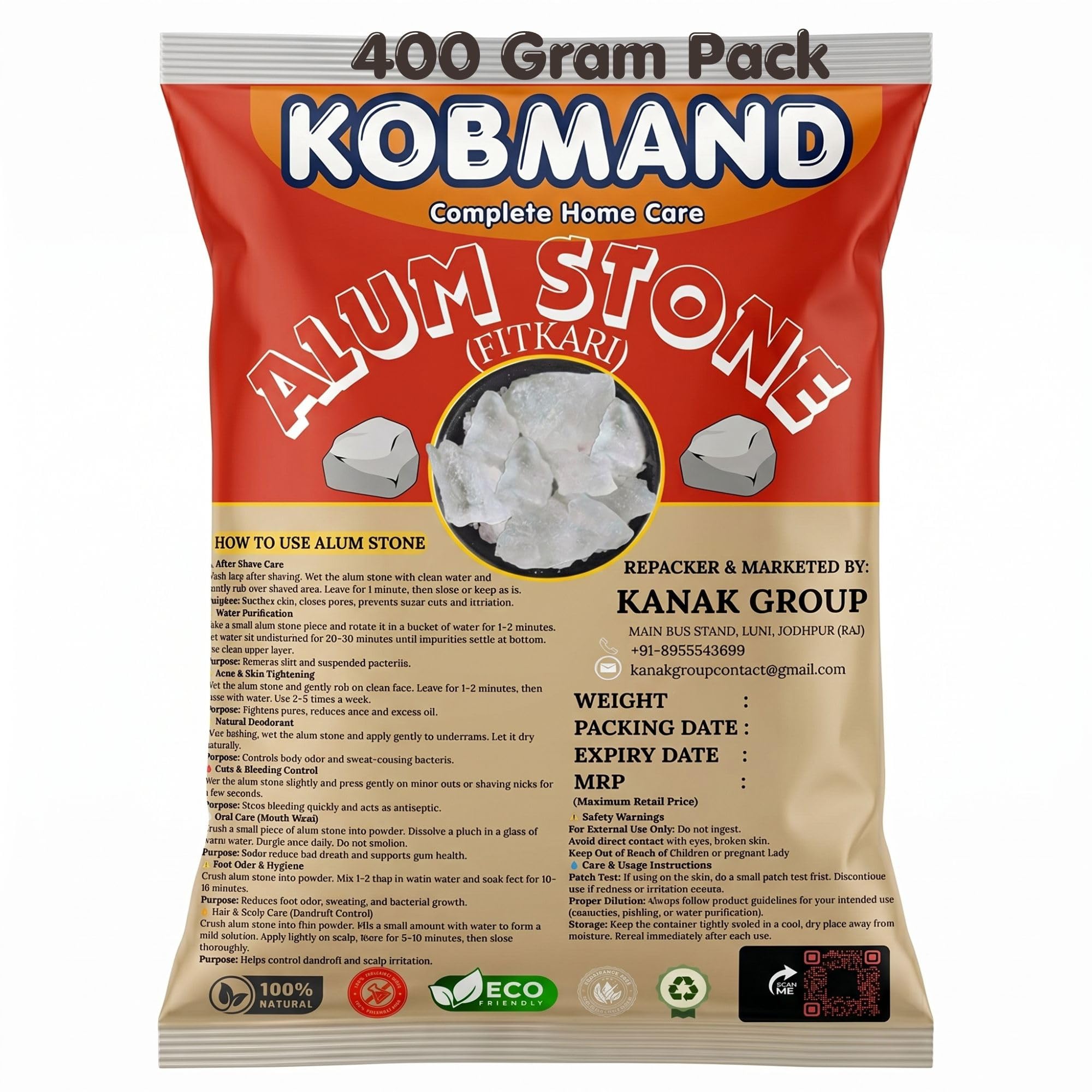 KOBMAND Whole Alum Stone/Fitkari (Phitkari), 400 Grams,Pack of 1