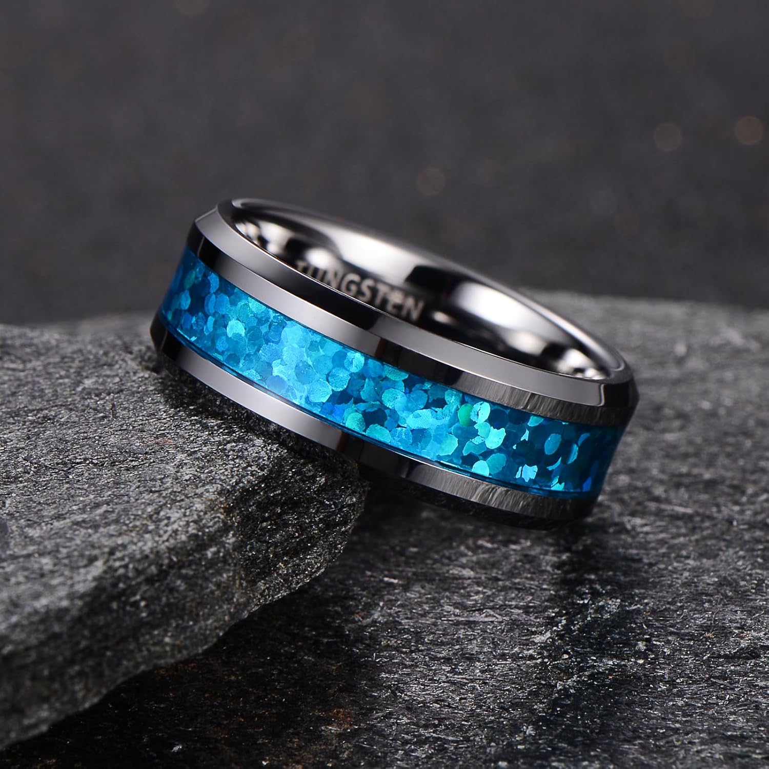 Tungsten Wedding Band with Colorful Inlay, 8mm Wide Beveled & Polished Edges - Image 5