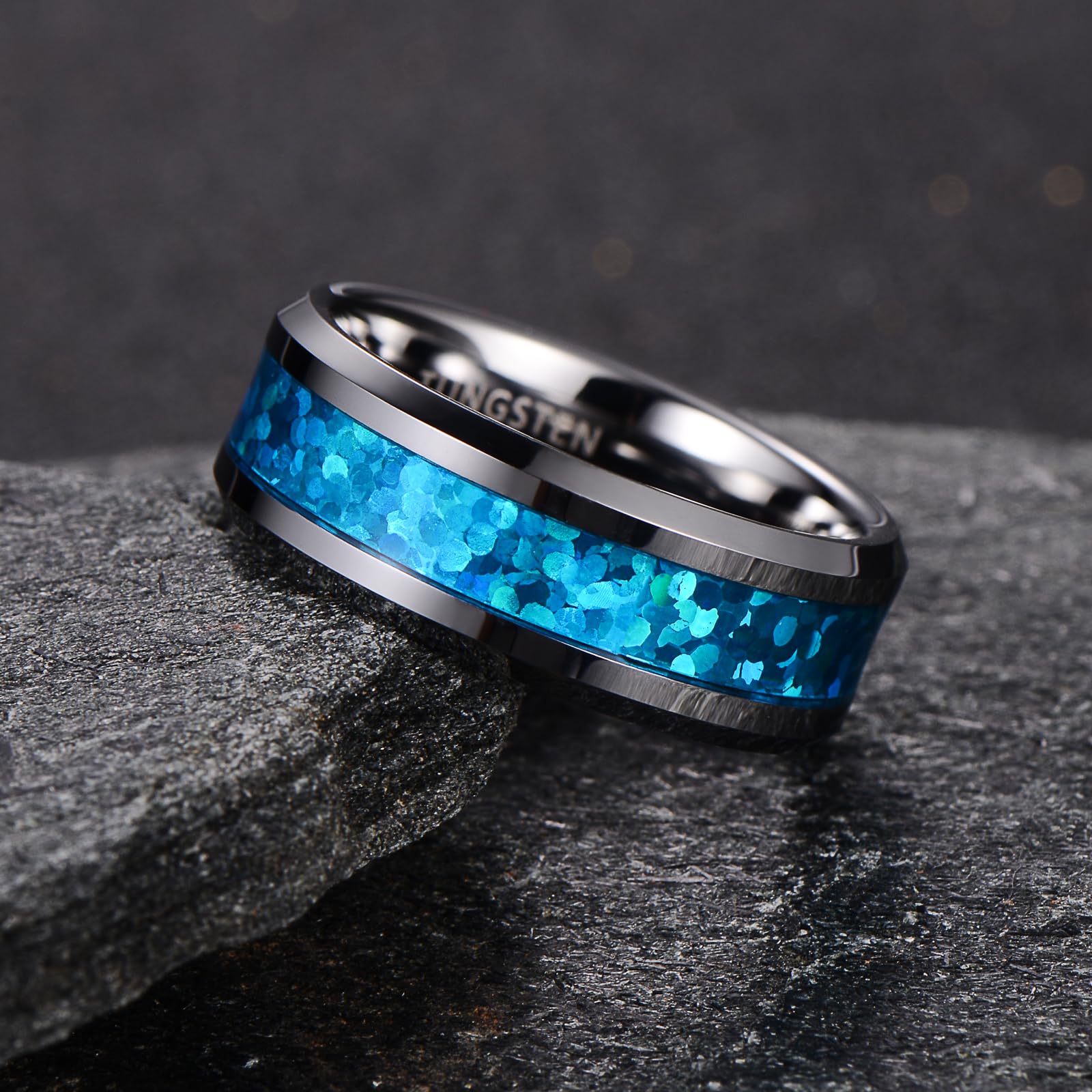 Anello Nuziale in Tungsteno con Intarsio Colorato, Larghezza 8mm con Bordi Smussati e Lucidati (Misura USA)
