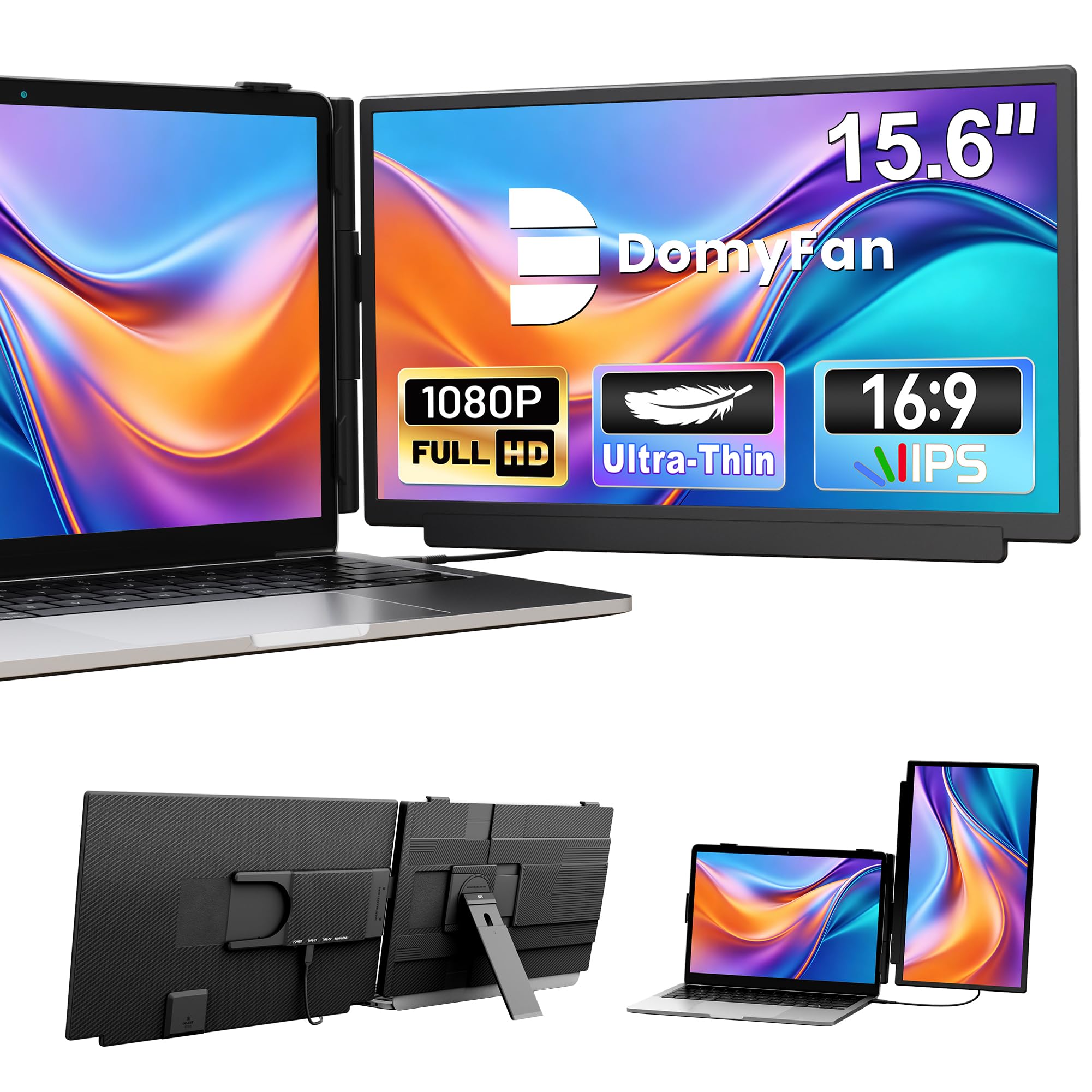 domyfan 15,6" Extensor de Pantalla Portátil para Laptop, Monitor FHD 1080P IPS, Doble Pantalla USB-C/HDMI de 13-17,3", Soporte Giratorio 360°, Pantalla de Viaje Ligera para Windows MacBook Switch PS5 Global Recycled Standard Global Recycled Standard Global Recycled Standard