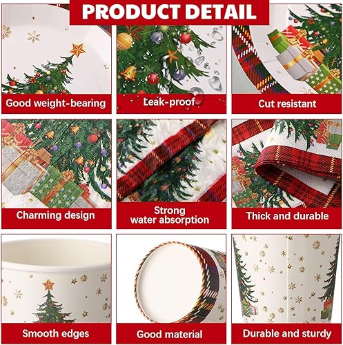 Miniatura 5 de Juego de vajilla desechable de 400 piezas de Navidad para 50 piezas de búfalo rojo, suministros de fiesta de Navidad desechables, árbol de Navidad,