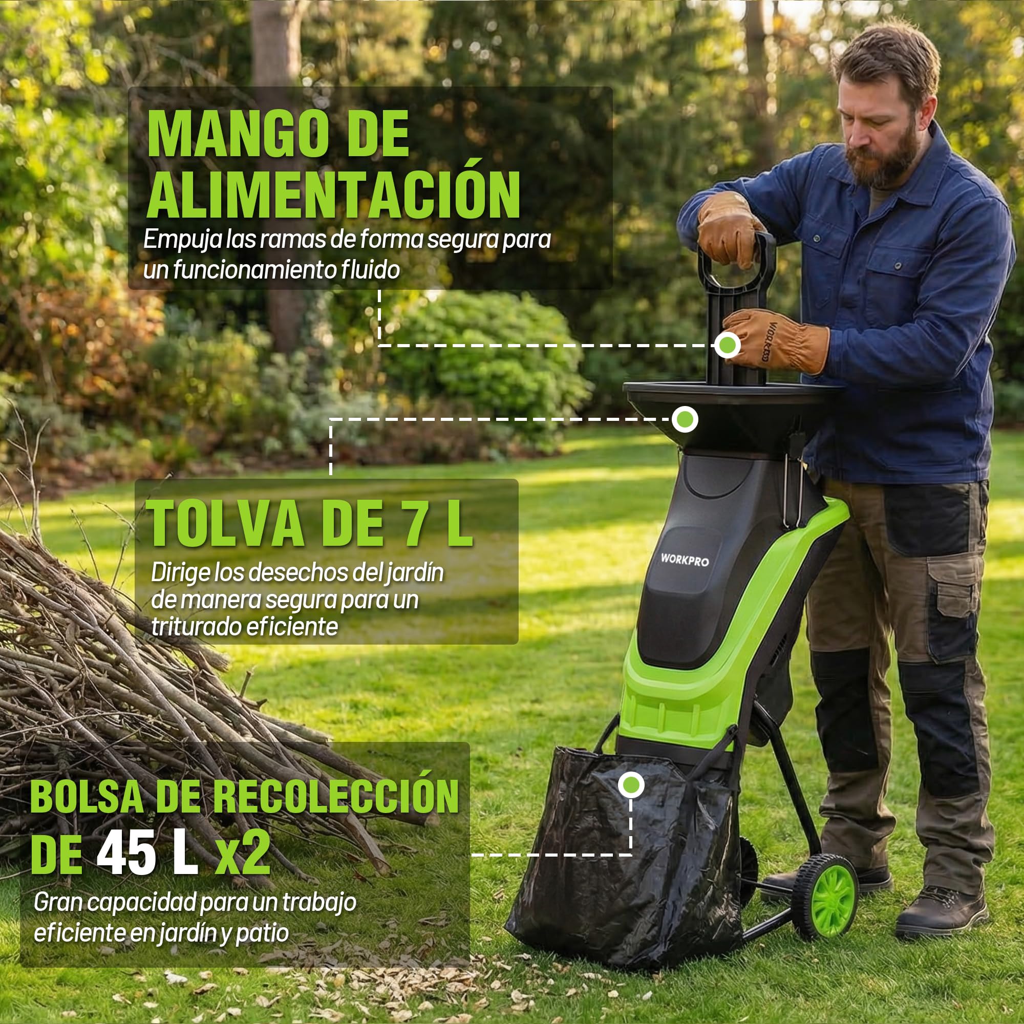WORKPRO Trituradora de Jardin Eléctrica Cuchillas 2500W con Tijeras de Podar, Biotrituradora de Ramas Ø44 mm, 4300 RPM, Trituradora de Hojas con 2 Bolsas de 45 L, Trituradora para Residuos de Jardín