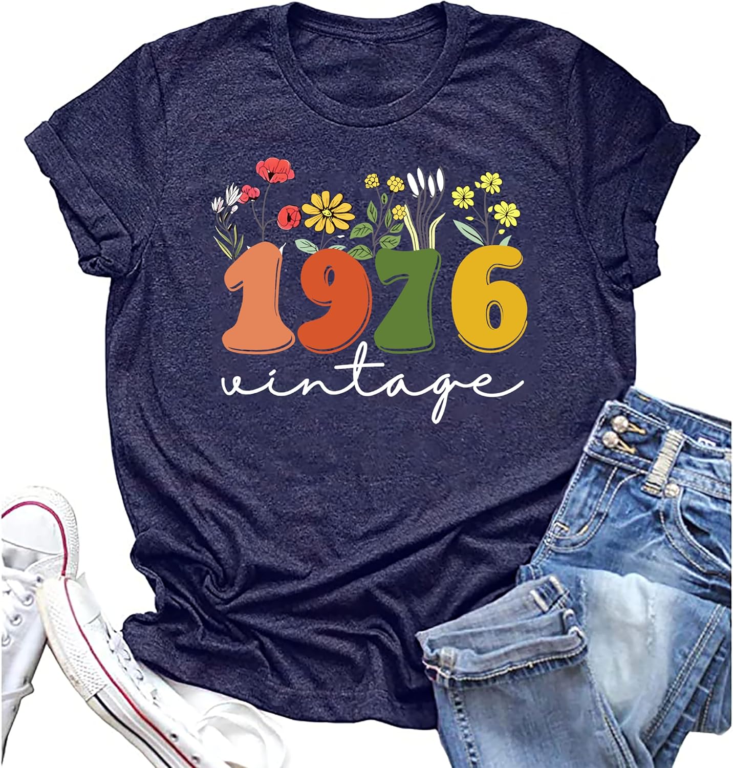 Women 50th Birthday Shirt Vintage 1976 Tshirt Fifty Bday Gift Casual Birthday Apparel Flower Graphic Short Sleeves Tee