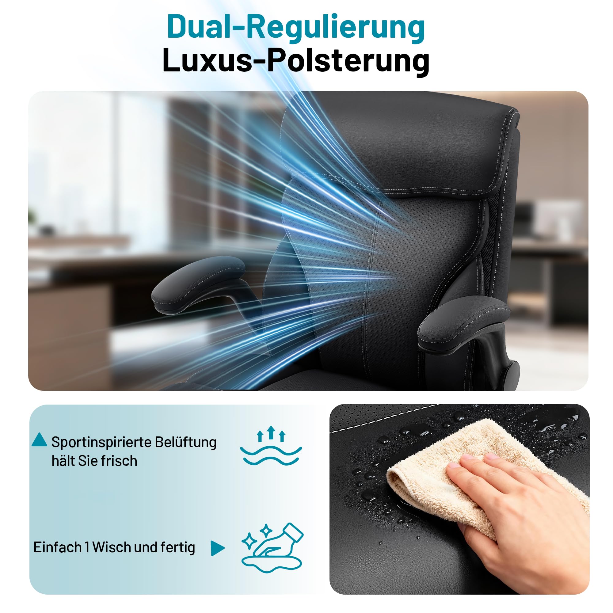 Ergonomischer Chefsessel aus PU-Leder mit Armlehnen, Schwarz | belastbar bis 180 kg , Hohe stabile Rückenlehne, höhenverstellbarer Drehstuhl mit Rollen, optimal für Büro & Homeoffice