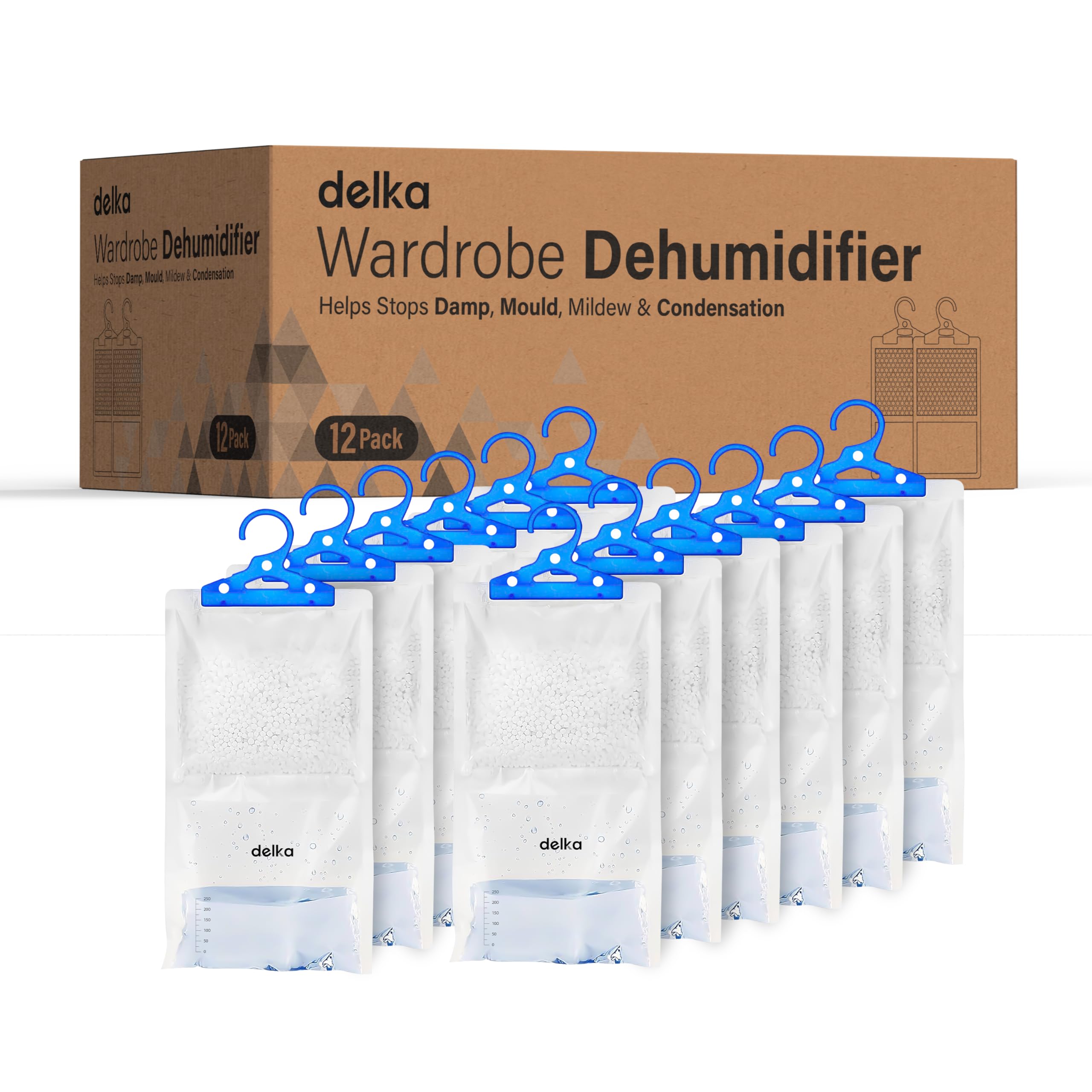 Delka 12 Pack Wardrobe Dehumidifier Hanging Bags, Trap Condensation, Moisture Absorber, Prevents Damp, Mould 210g each Leak-Proof Bag, Dehumidifier for Home, Kitchen, Wardrobe, Bedroom, Garage, Office