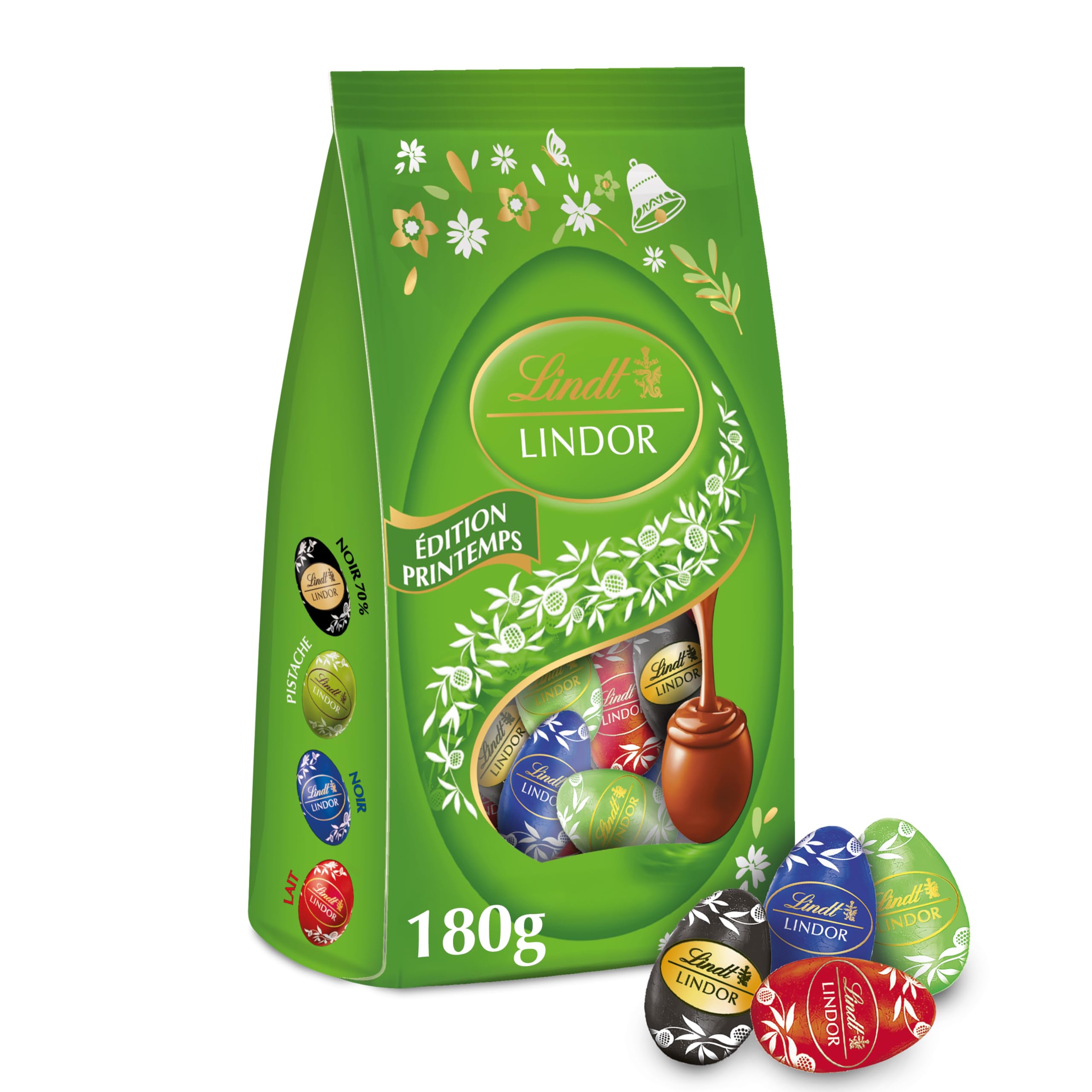 Lindt - Sachet d'Œufs LINDOR - Assortiment de Chocolats au Lait, Noir 45%, Noir 70%, Pistache - Idéal pour Pâques, 180g