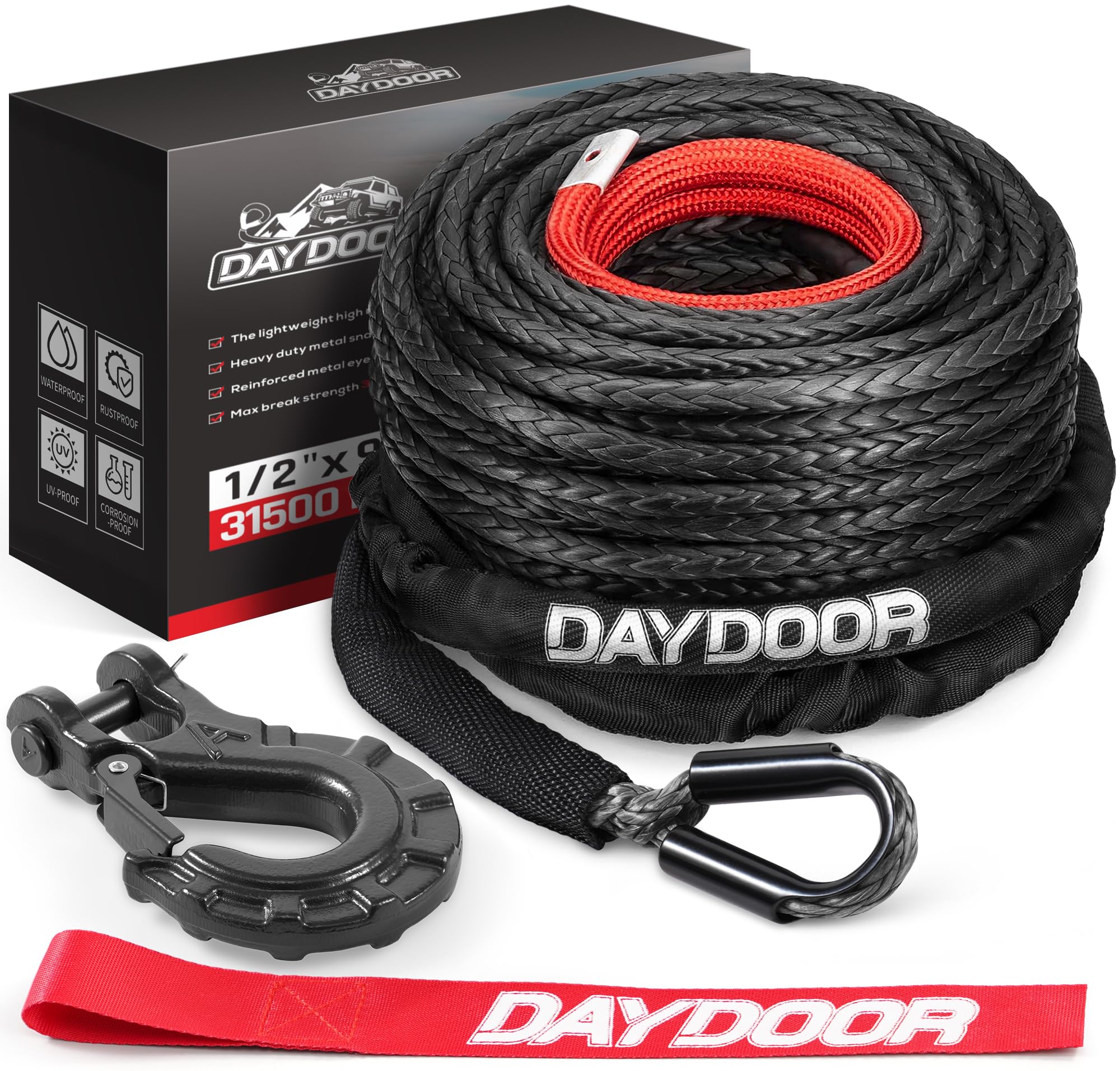 DAYDOOR 1/2'' x 92ft Synthetic Winch Rope, 31,500 Lbs Winch Rope Cable Kit, Winch Line Replacement with Protective Sleeve and Heavy Duty Forged Winch Hook for 4WD Off Road Truck