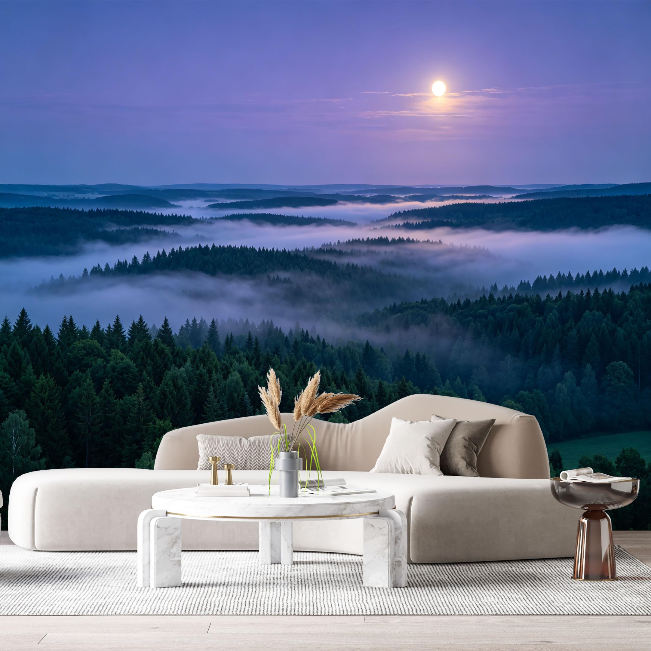 Custom Size Wall Murals Misty Forest Landscape Moonlight Sky Mountain View SelfAdhesive Wall Fabric Removable Large Wallpaper for Photo Living Room
